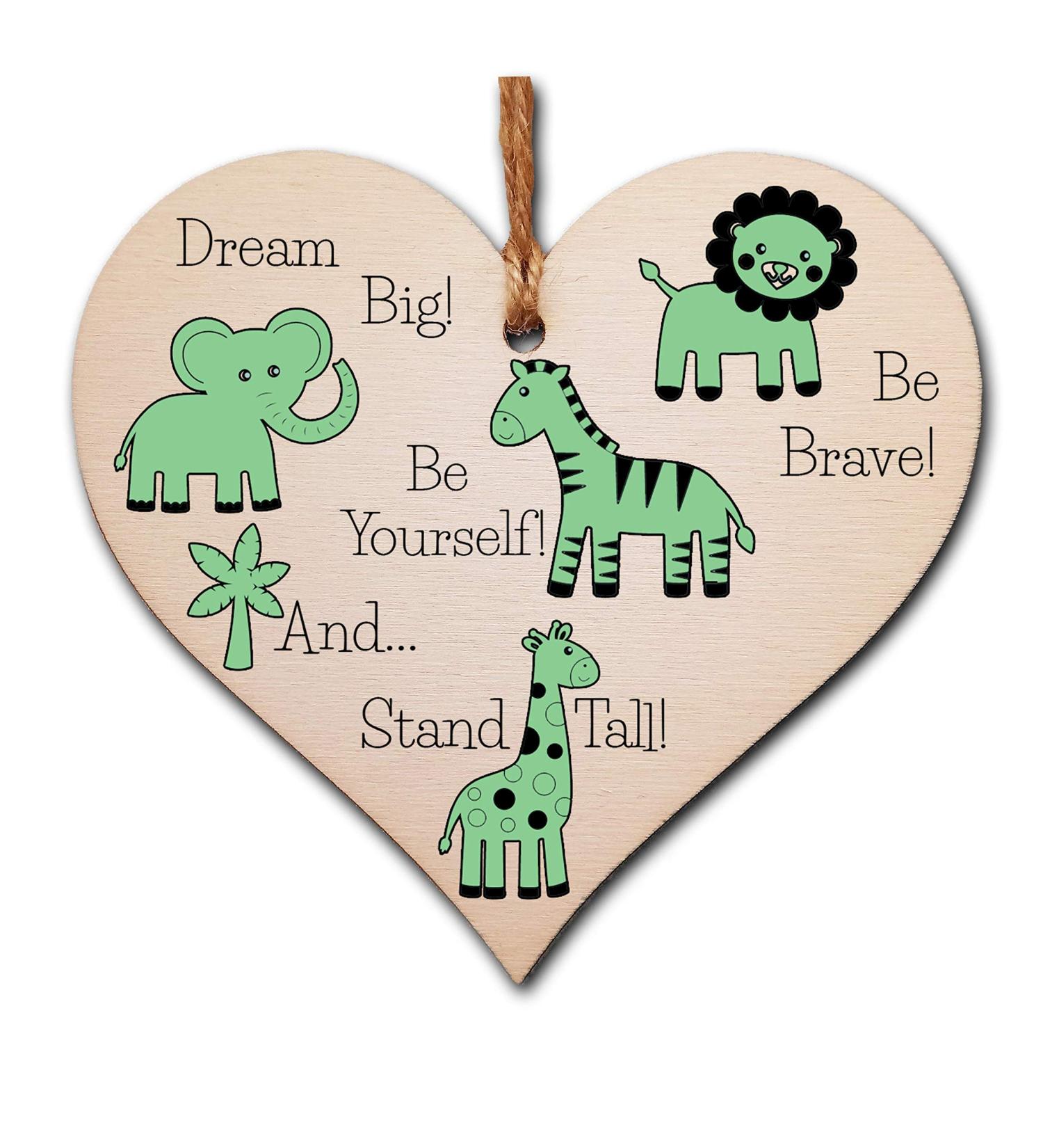 Plum Penguin Handmade Wooden Hanging Heart Plaque: Be Brave, Dream Big, Be Yourself - Green Safari Animals Nursery Wall Decoration - New Baby Gift - Buy Online on SooperMarket.com