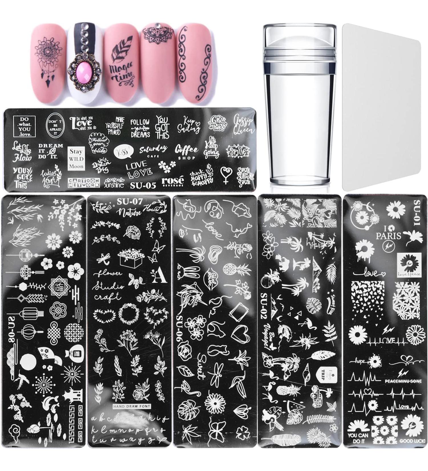 Luvadeyo Nail Stamping Plates Set - 6 Art Stencils with Transparent Stamp & Scraper | Perfect Nail Art Tool for Women & Girls - International Shipping Available - Buy Online on SooperMarket.com