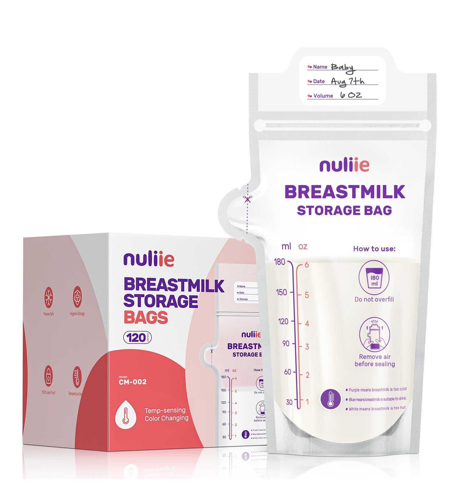 Nuliie 120-Piece BPA-Free Breast Milk Storage Bags - Temperature-Sensitive Spout-Proof Space-Saving (180ml) - Ideal for Breastfeeding - Buy Online on SooperMarket.com