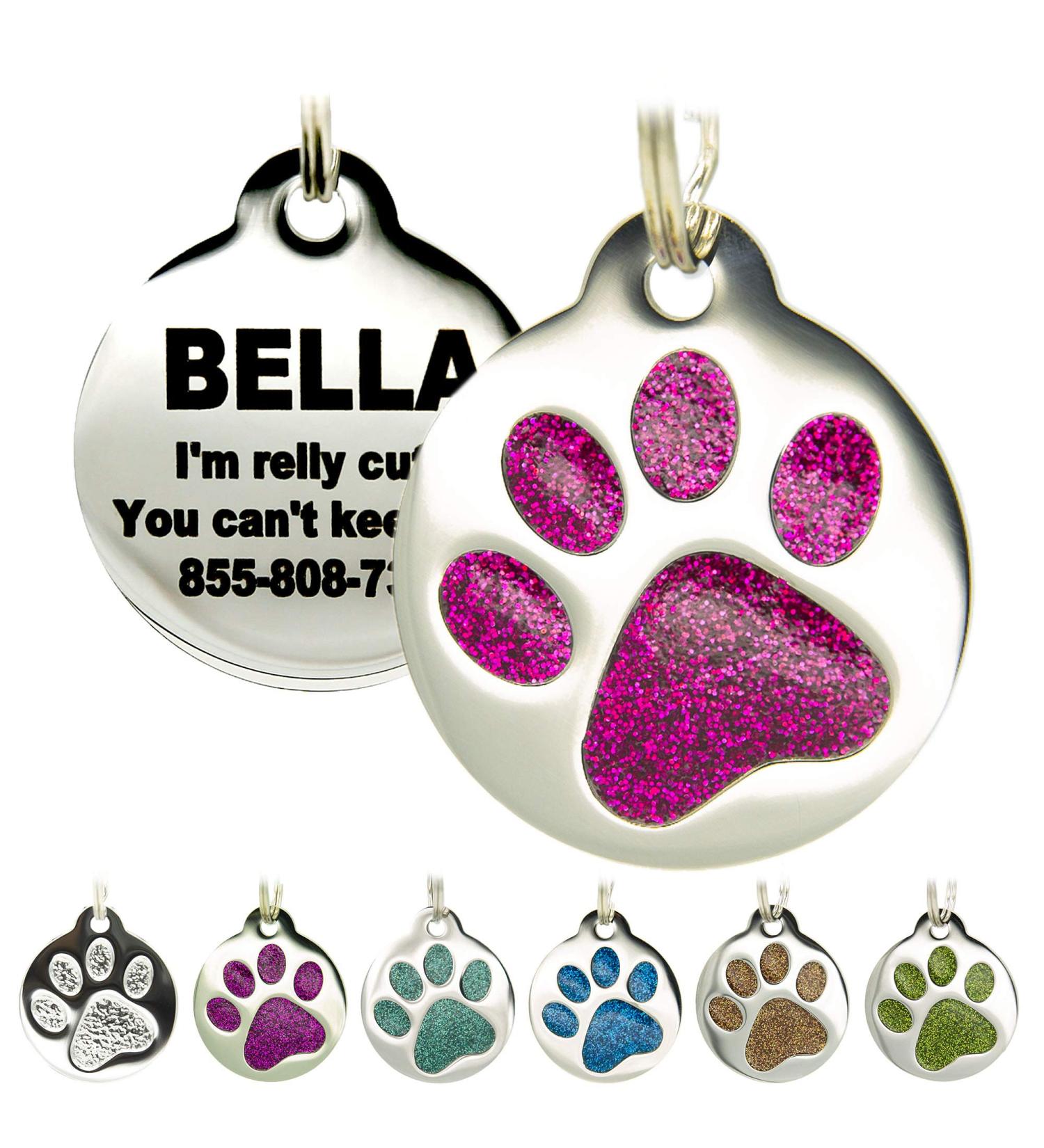 Custom Engraved Cat ID Tag - Round Paw Print Stainless Steel with 4 Lines of Personalized Engraving - Ocean Blue, Aquamarine, Magenta, Pale Green, Amber - Deep Pink - Buy Online on SooperMarket.com