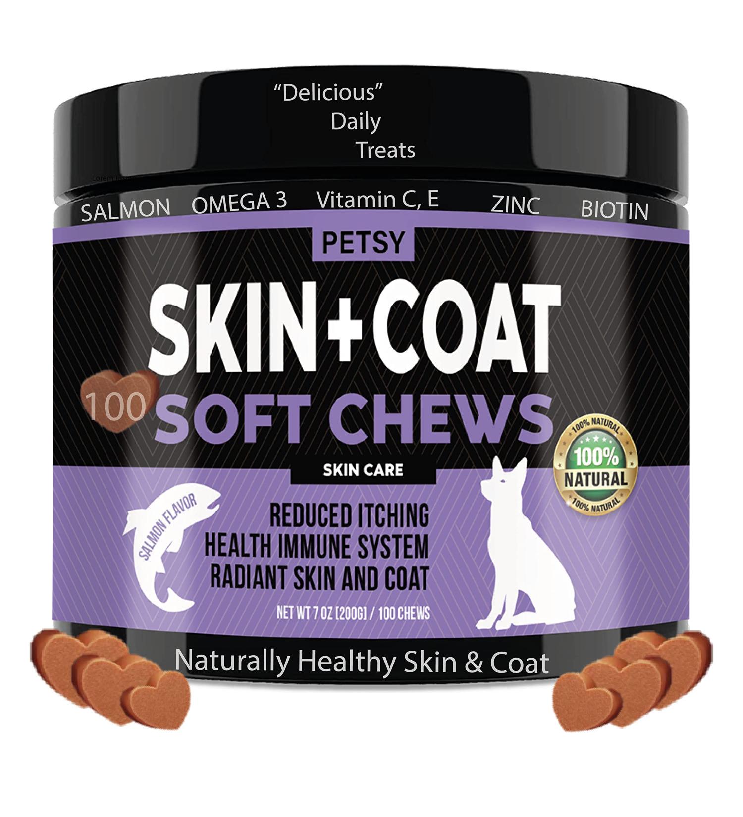 Petsy Skin & Coat Supplement for Dogs - Vitamin C, E, Zinc, Biotin, Omega 3 - Supports Healthy & Shiny Coat, Rejuvenates Skin, Natural Relief for Itchy Skin - Daily Use - Buy Online on SooperMarket.com