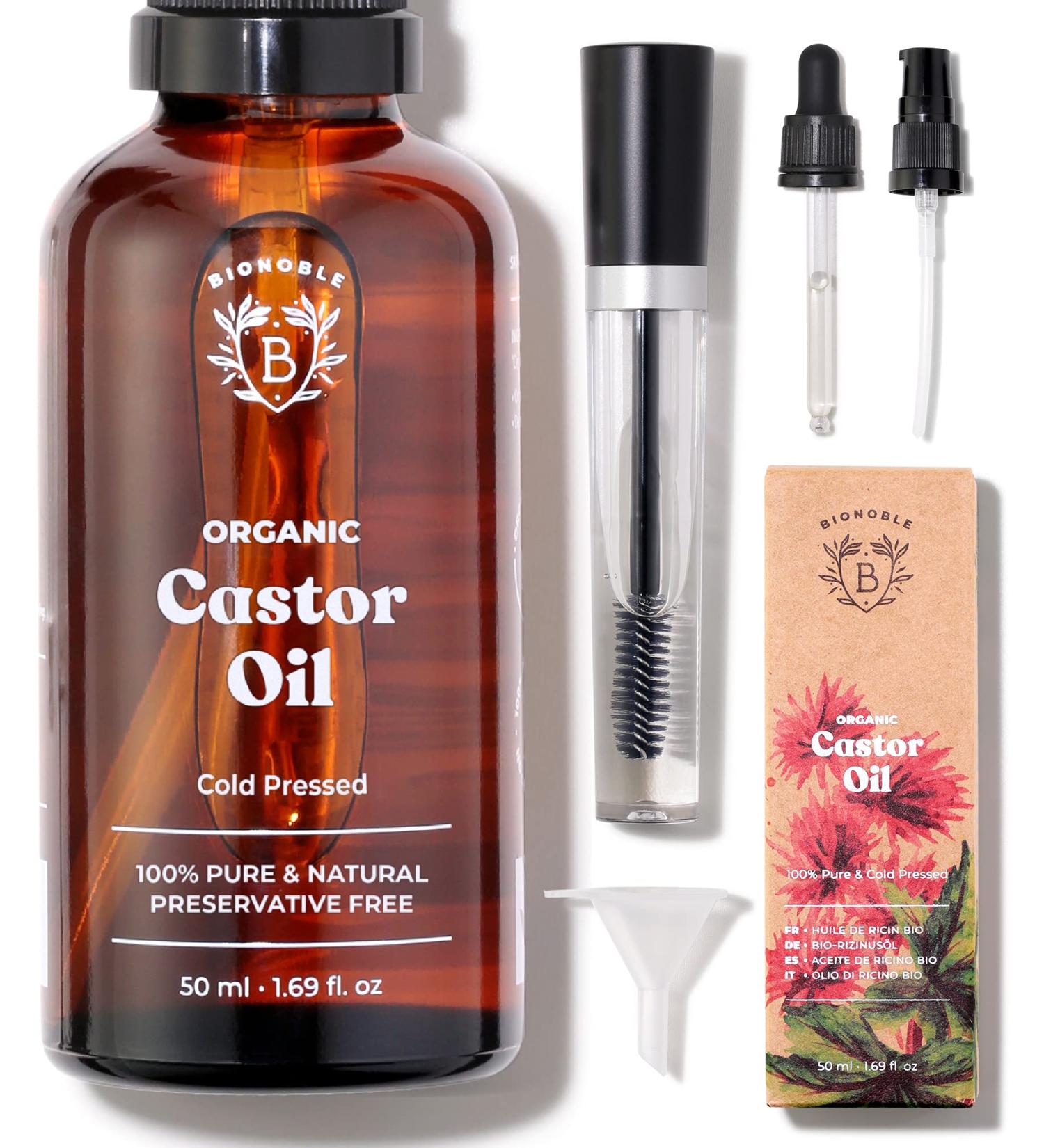 Bionoble Organic Castor Oil 50ml - 100% Pure Cold Pressed for Lashes, Eyebrows, Hair, Beard, Nails - Vegan & Cruelty Free - Glass Bottle with Pipette, Pump, & Mascara Kit - 50ml Pack - Buy Online on SooperMarket.com
