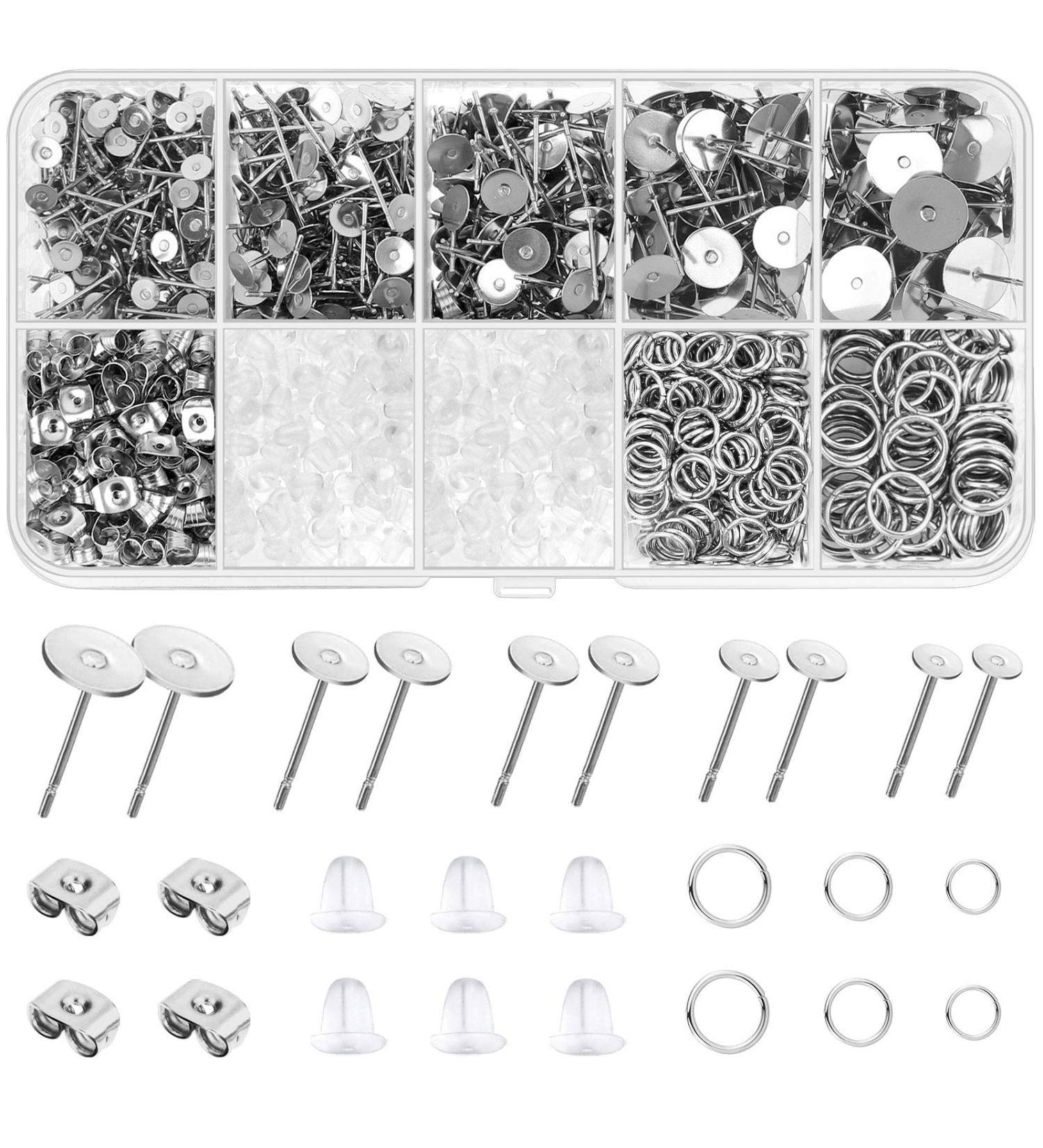 Hypoallergenic Stainless Steel Earring Making Kit - 1650pcs Posts, Backs, Studs, Jump Rings for DIY Jewelry - Buy Online on SooperMarket.com