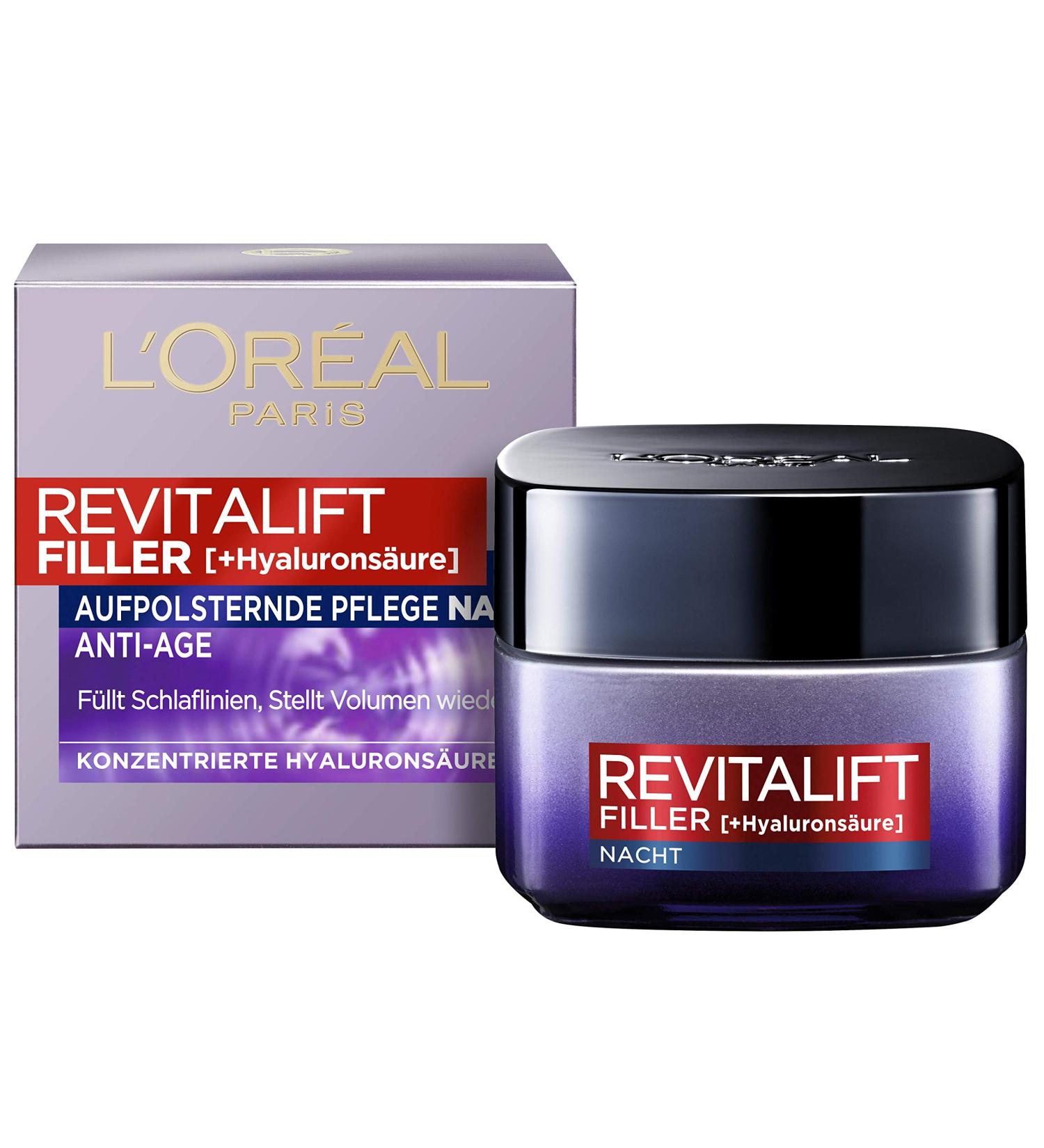 L'Or al Paris Revitalift Filler Nachtpflege - Anti-Aging Gesichtscreme mit Hyalurons ure 2 x 50 ml - Anti-Falten & Volumen Pflege - Buy Online on SooperMarket.com