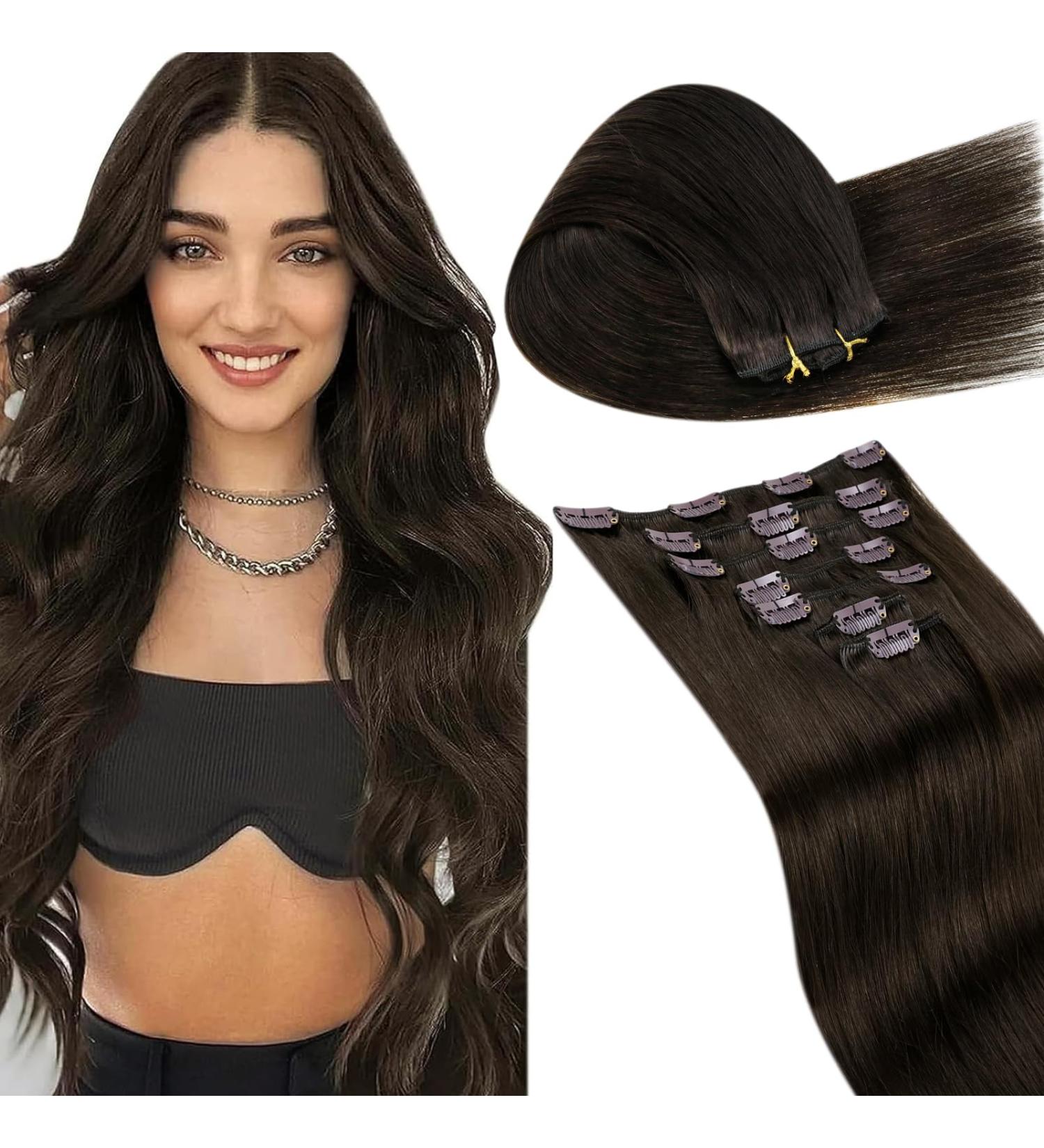 Buy Laavoo Real Hair Clip-In Extensions - Dark Brown 45cm 105g | 7PCS Double Drawn #2 - Buy Online on SooperMarket.com