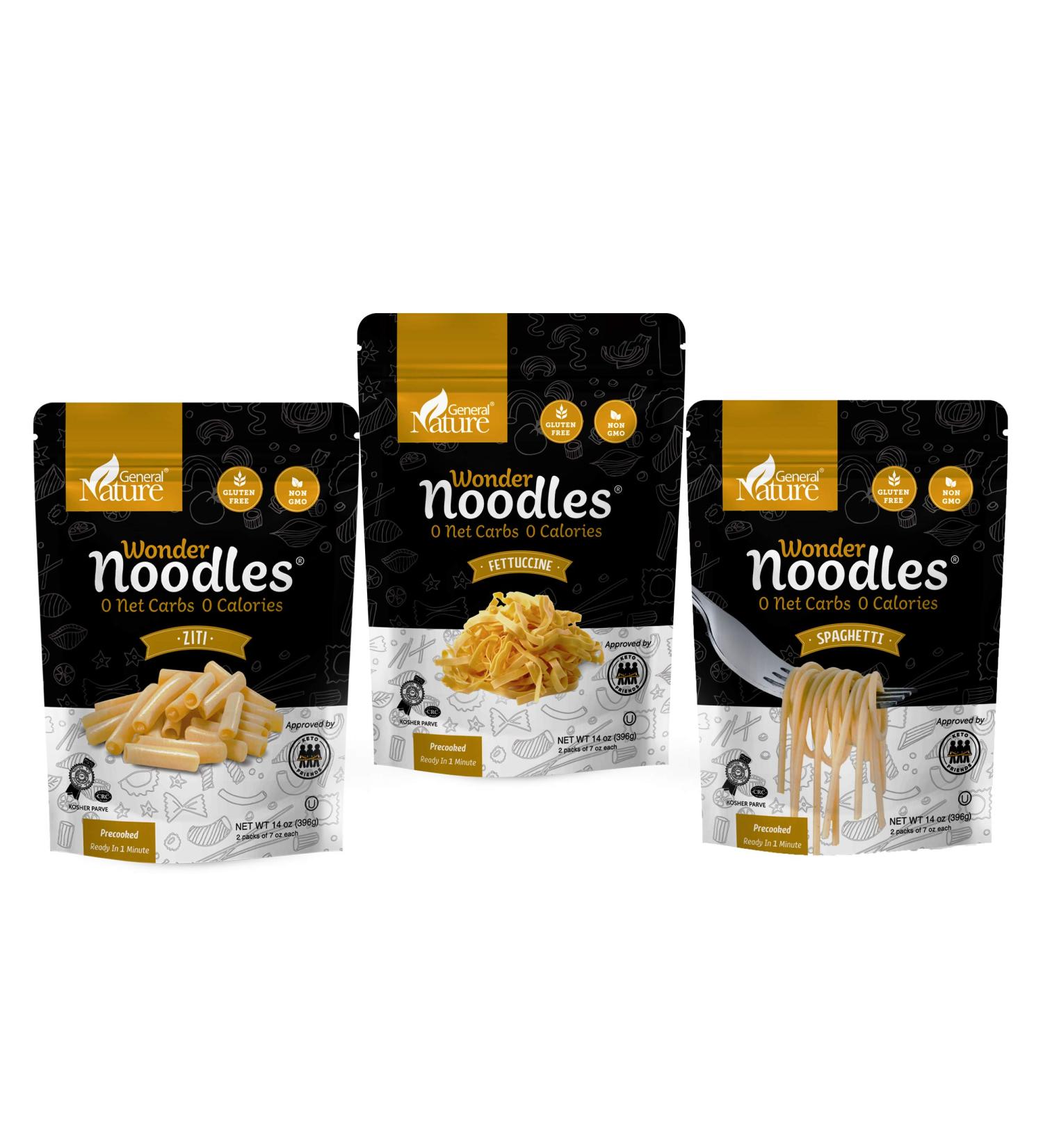 Wonder Noodles Variety Pack - Carb-Free Keto Pasta - Gluten-Free Kosher Vegan - Zero Calories - Ready to Eat - 14oz Spaghetti, Fettuccine, Ziti - Buy Online on SooperMarket.com