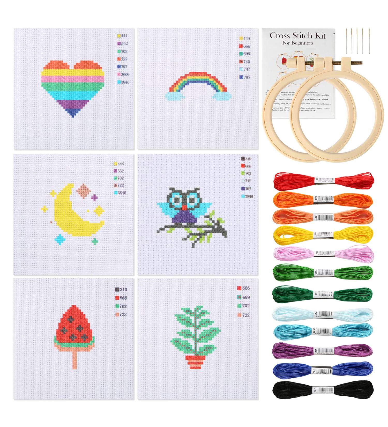 Pllieay Kids Cross Stitch Kit | 6 Patterns, 2 Hoops, 12 Skeins | Beginner Needlepoint Starter Set with Instructions - Buy Online on SooperMarket.com