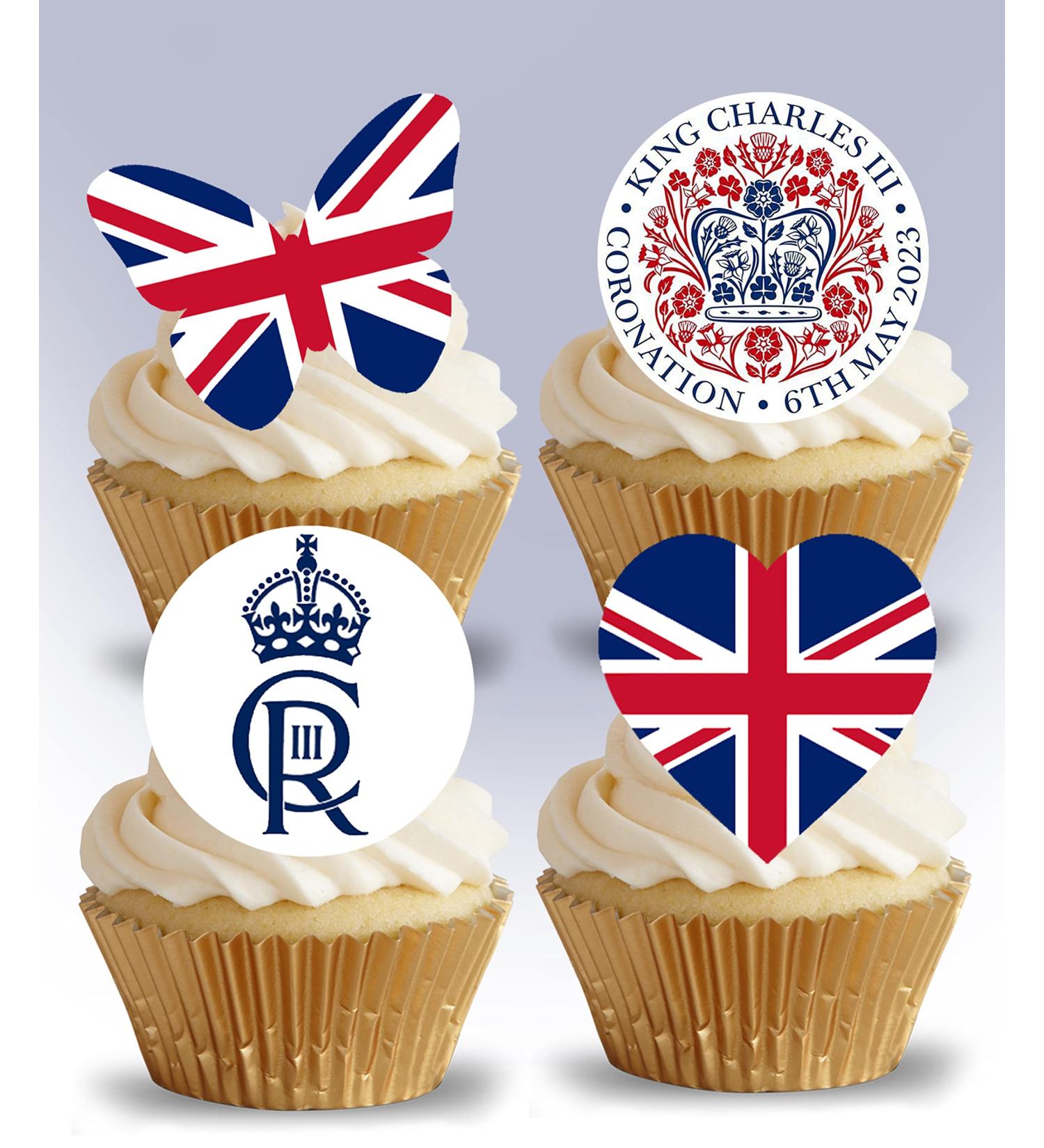 Anglesit 24 x Pre-Cut King Charles III Coronation & Union Jack Edible Wafer/Rice Paper Cupcake Cake Dessert Toppers Royal Party Birthday Decorations