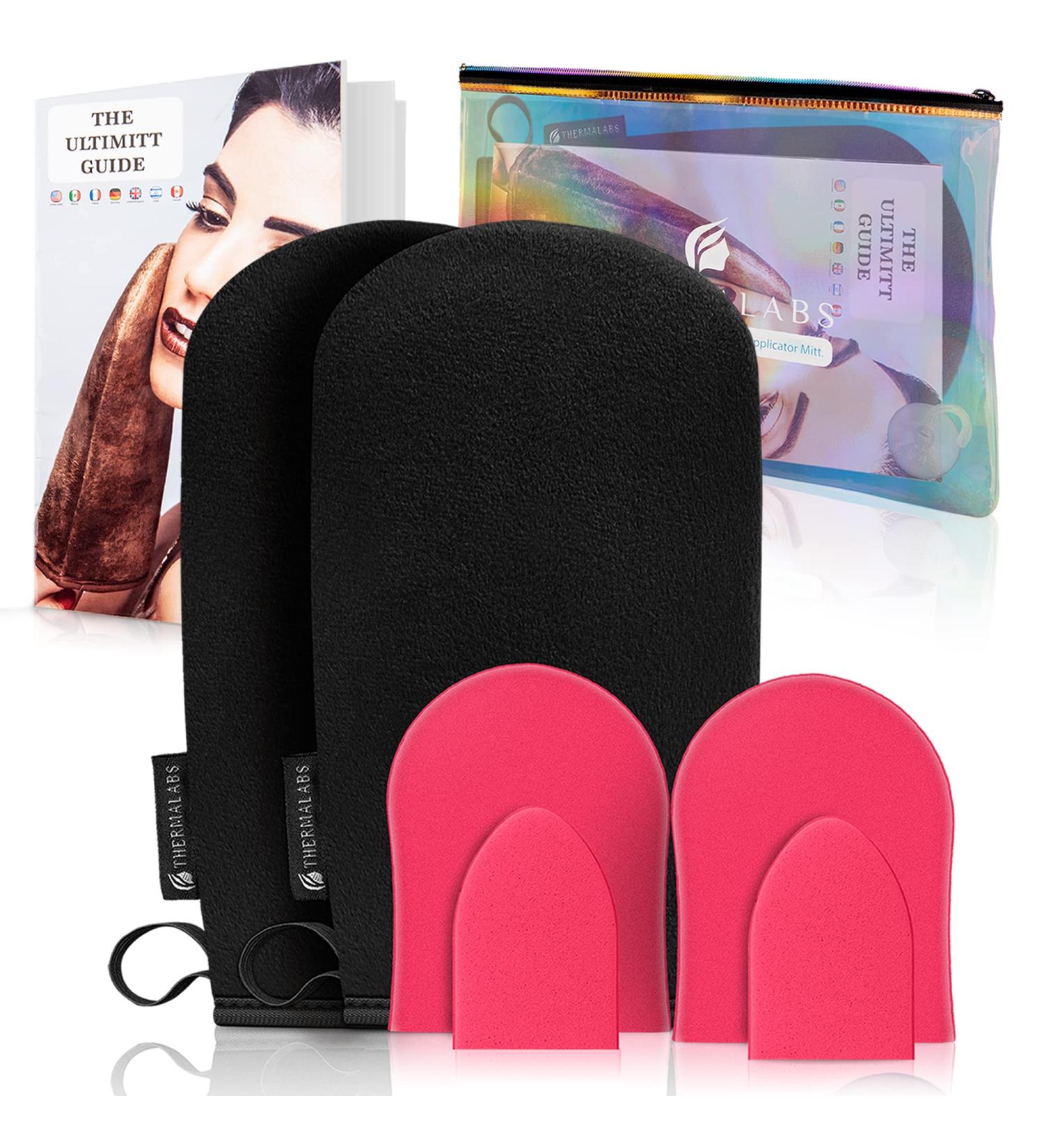 Ultimitt Double Self Tanning Applicator Mitts Set - Streak-Free Sunless Tan Gloves for Indoor Use - Reusable Microfiber Cloths in Holographic Bag - Buy Online on SooperMarket.com