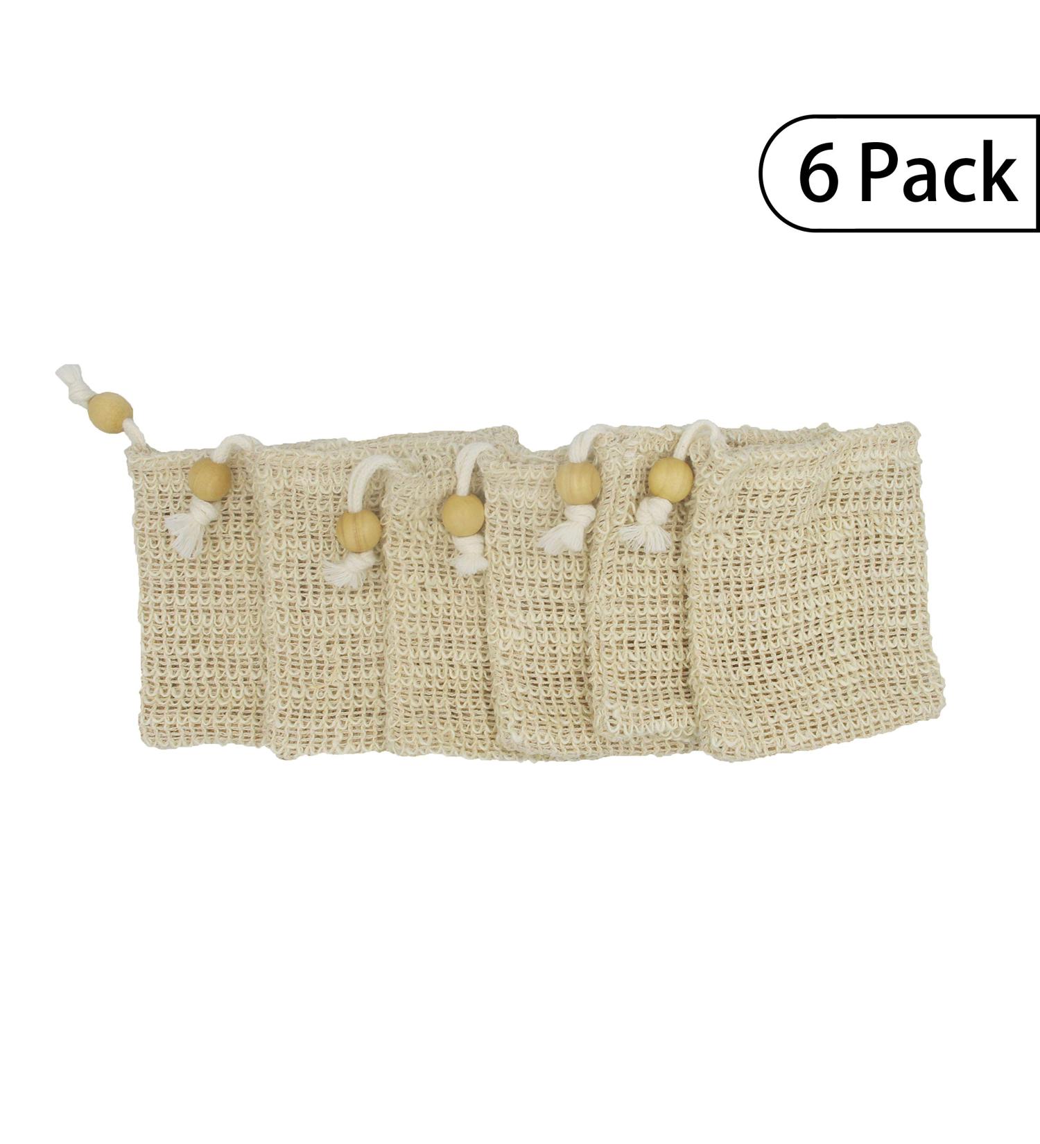 Bleu Bath (6 Pack) Exfoliating Loofah Pouch Sisal Ramie Soap Saver Bag in 100% Natural and Organic Luffa Loofa Scrubber with Drawstring and Wooden Bead Holder