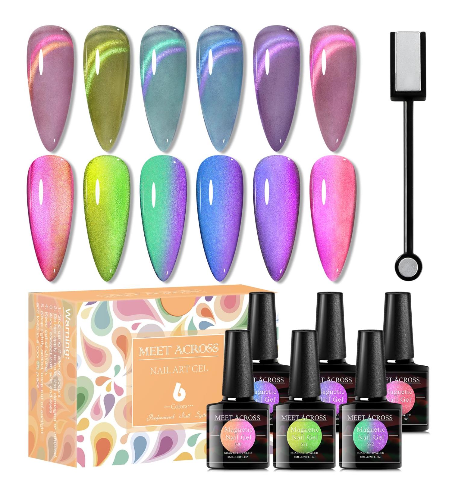 MEET ACROSS Glass Cat Eye Gel Polish Set - Colorful Magnetic UV Nail Polish for DIY Manicure | Soak Off Transparent Gel Kit - Buy Online on SooperMarket.com