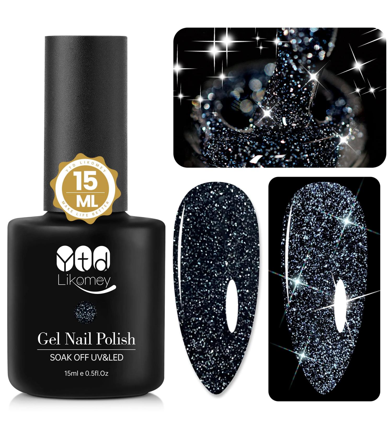 YTD Likomey Reflective Glitter Gel Nail Polish 15ml - Black Flash Diamond Disco DJ Shimmer UV Gel Varnish - Salon Quality Sparkly Soak Off Nail Polish - 0.5 Fl Oz (Pack of 1) - Buy Online on SooperMarket.com