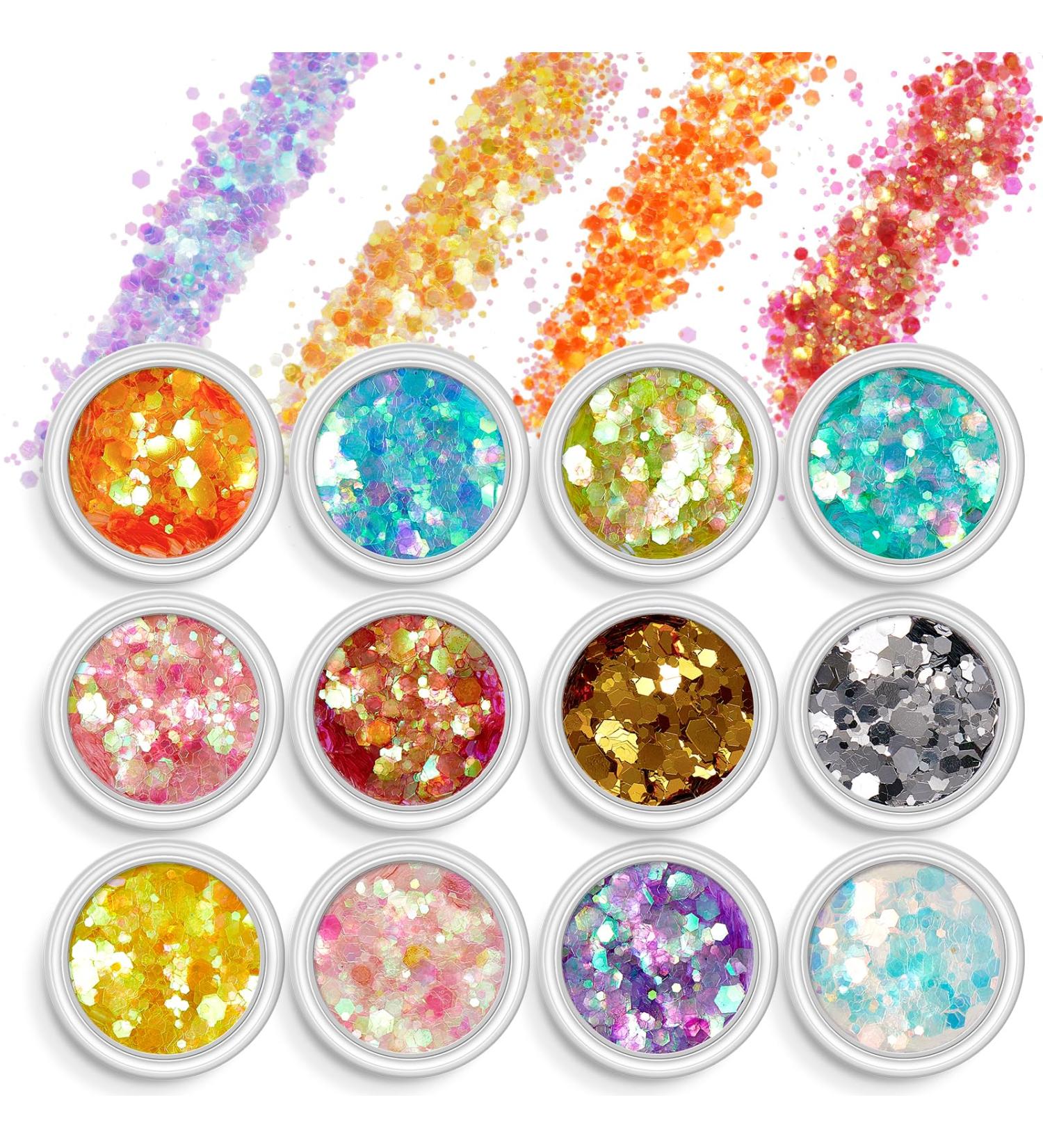 AOOWU Chunky Glitter 12 Colors 3D Nail Art Sequins - Festival & Holographic Cosmetic Glitter for Nail, Face, Body & DIY Art - Buy Online on SooperMarket.com