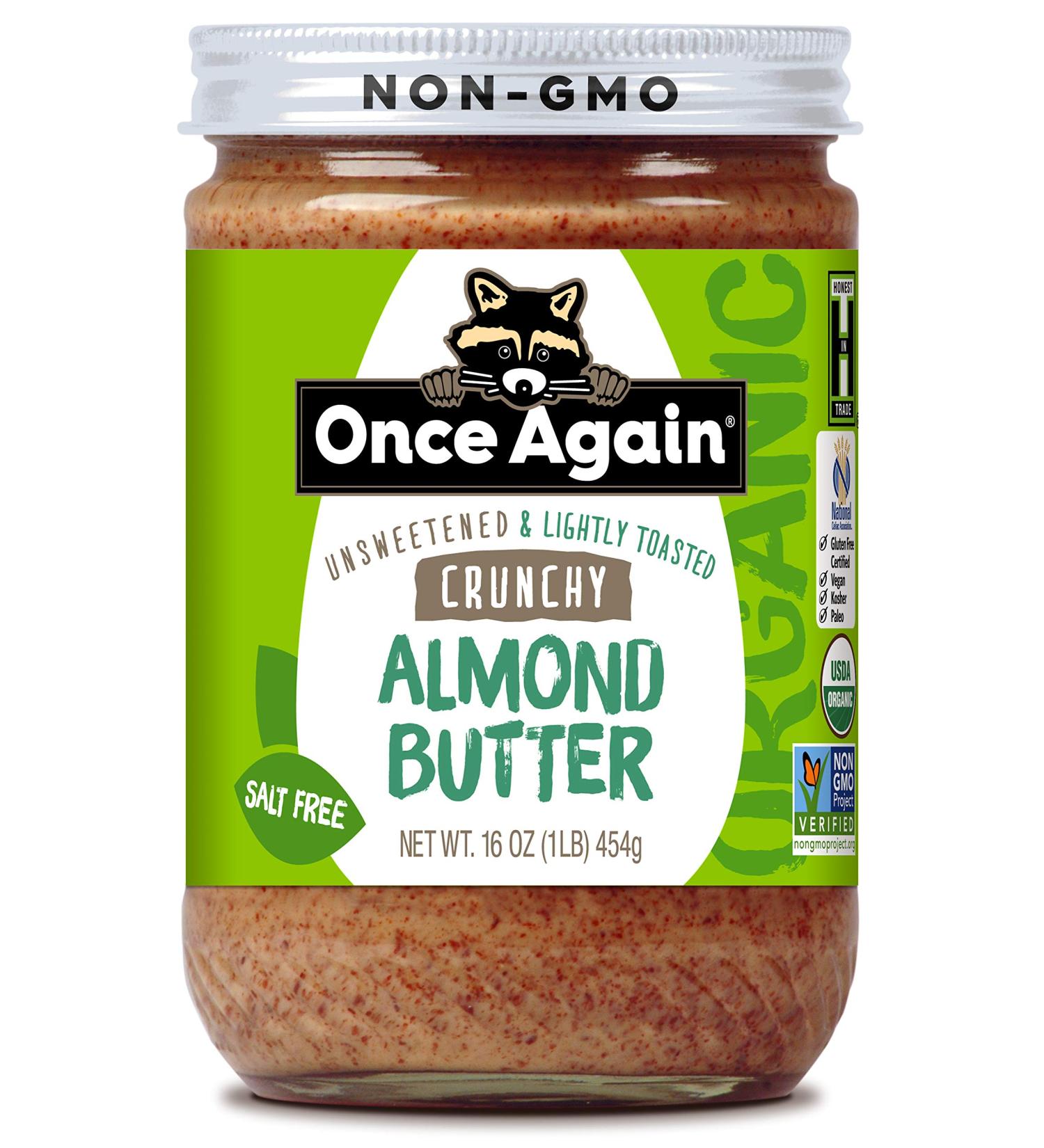 Once Again Organic Crunchy Almond Butter, 16oz - Lightly Toasted - Salt Free, Unsweetened - USDA Organic, Gluten Free Certified, Peanut Free, Vegan, Kosher, Paleo - Glass Jar