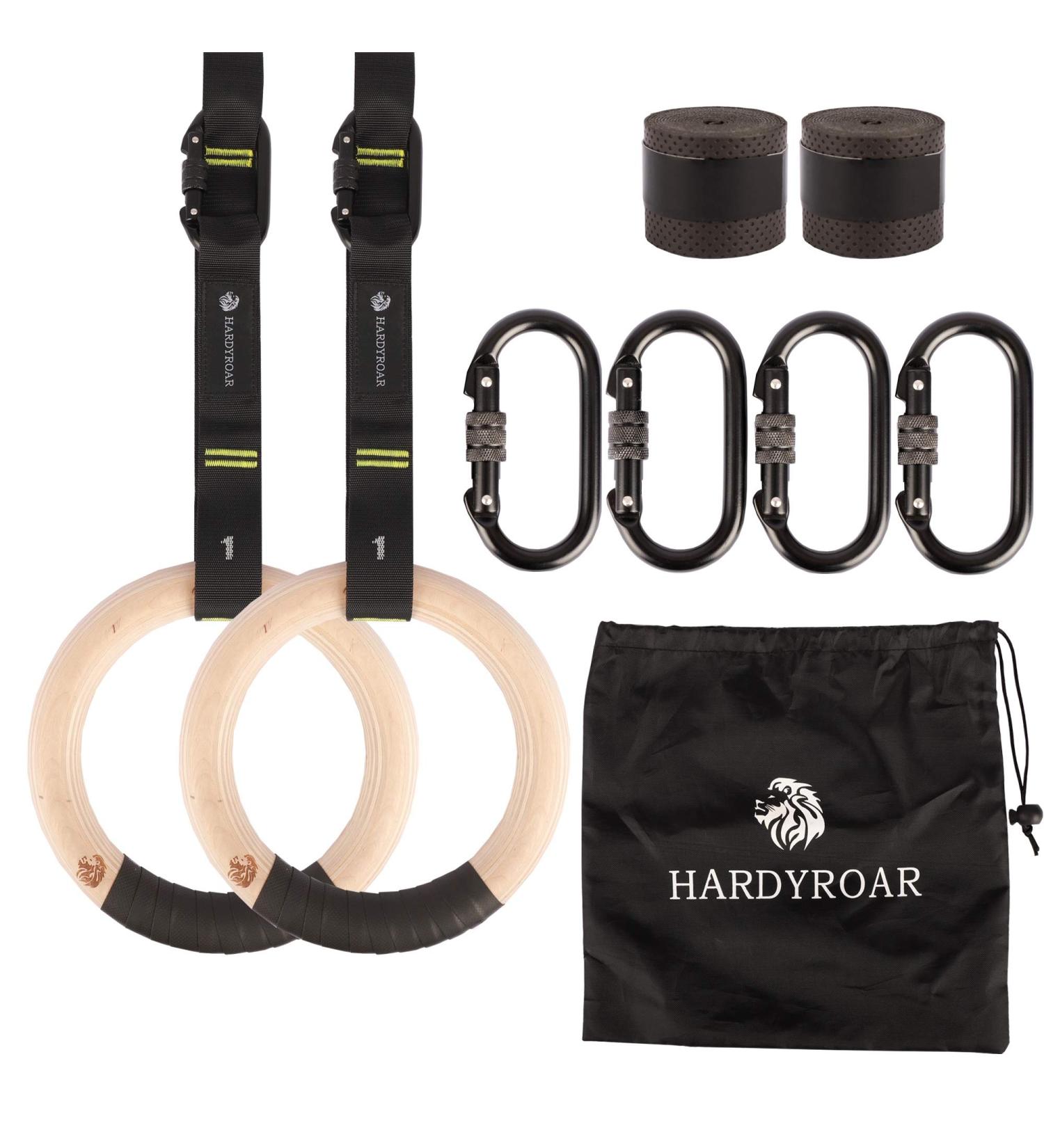 HardyRoar Wood Gymnastic Rings - Crossfit & Body Training Equipment with Easy Install Carabiners & Adjustable Straps - Buy Online on SooperMarket.com