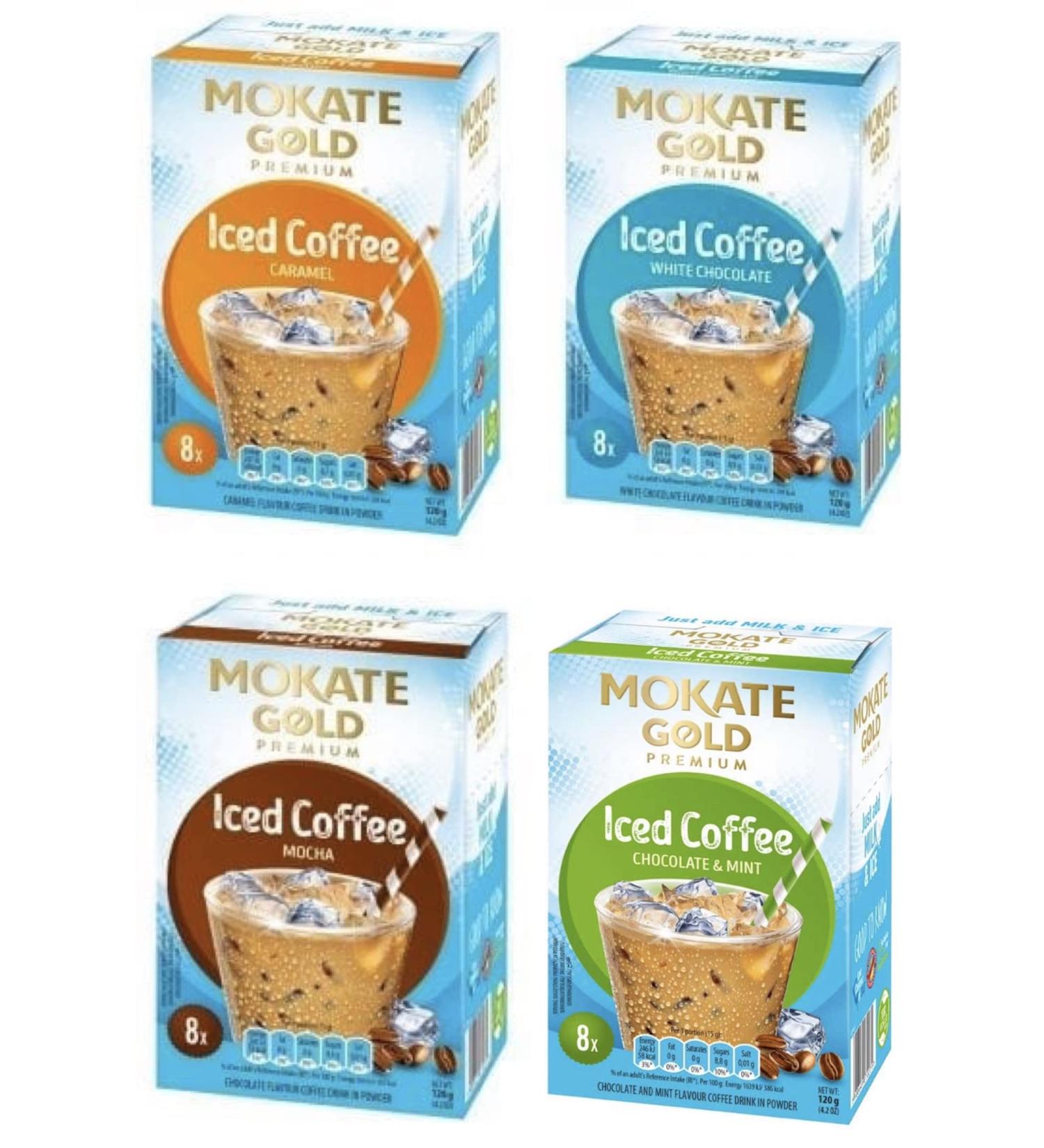 Mokate Gold Premium Iced Coffee Caramel Mocha White Chocolate and Chocolate & Mint Flavour 4 boxes x 8 Sachets Total 32 - Buy Online on SooperMarket.com