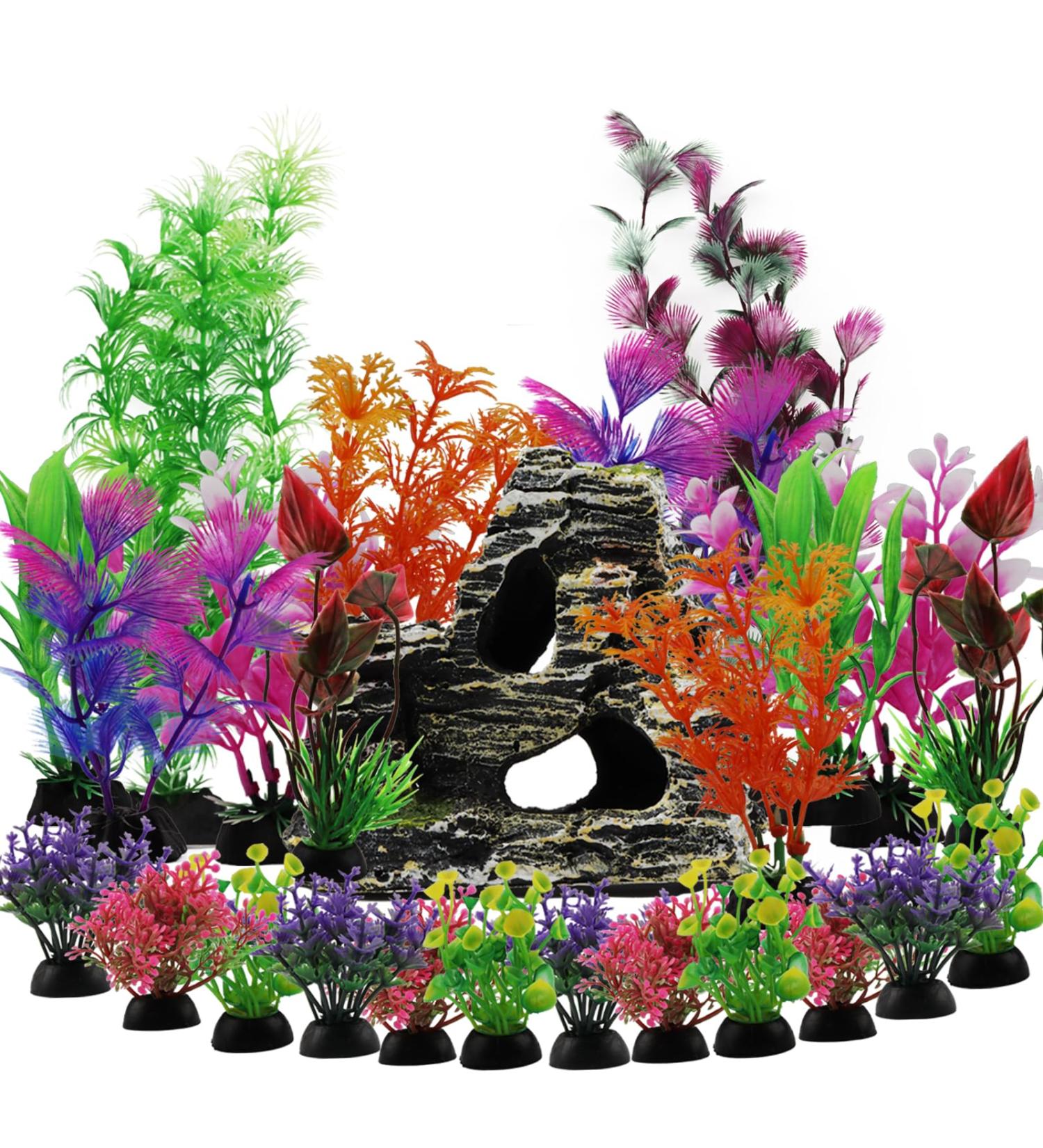 QUOZUO 25-Piece Aquarium Plants Decoration Set | Colorful Artificial Plants & Resin Cave Fish Tank Ornaments - Enhance Your Aquarium Today! - Buy Online on SooperMarket.com