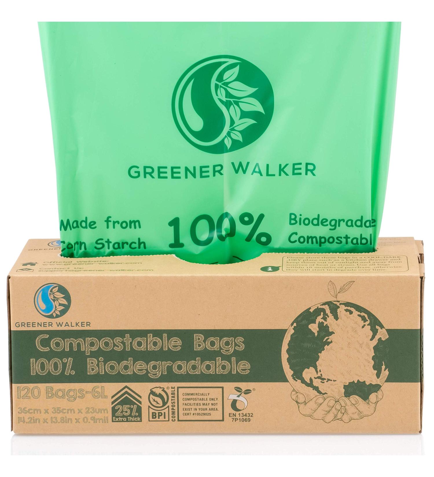 Greener Walker 1.6 Gallon Compostable Trash Bags - 120 Bags | ASTM D6400 BPI Biodegradable Food Waste Bags - Buy Online on SooperMarket.com