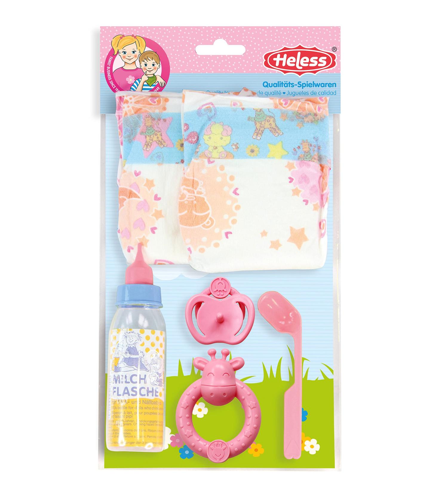 Heless 21019 Doll Care Accessory Set - 6 Pieces with Diapers Milk Bottle Pacifier Rattle & Spoon Perfect International Shipping! - Buy Online on SooperMarket.com