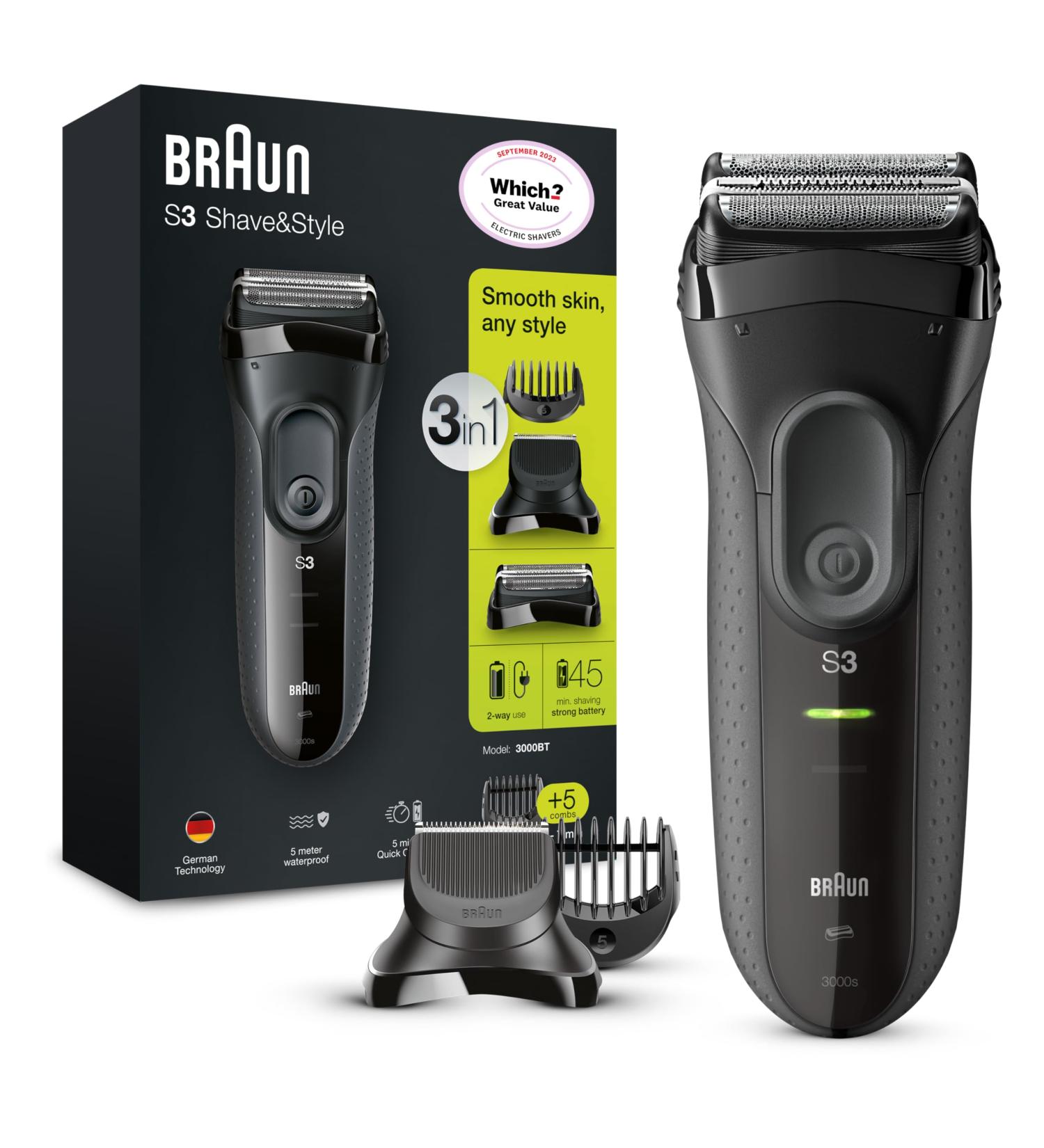 Buy Braun Series 3 3000BT Shave & Style 3-in-1 Electric Shaver with Precision Trimmer & 5 Comb Attachments - International Shipping Available - Buy Online on SooperMarket.com