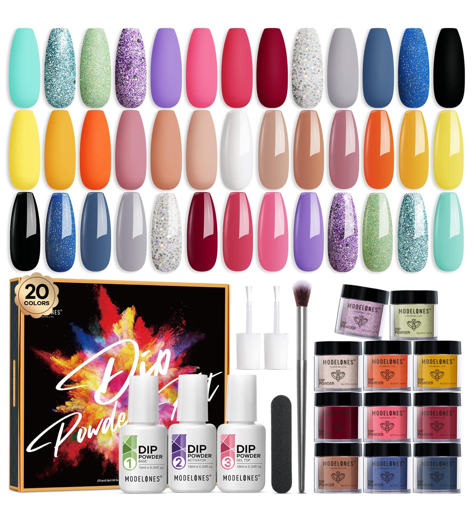 Modelones 20 Colors Dip Powder Nail Kit Nude Pink Acrylic Dipping System for French Nail Art | DIY Salon Manicure Set with Top/Base Coat Activator | 2022 Christmas Gift - Buy Online on SooperMarket.com