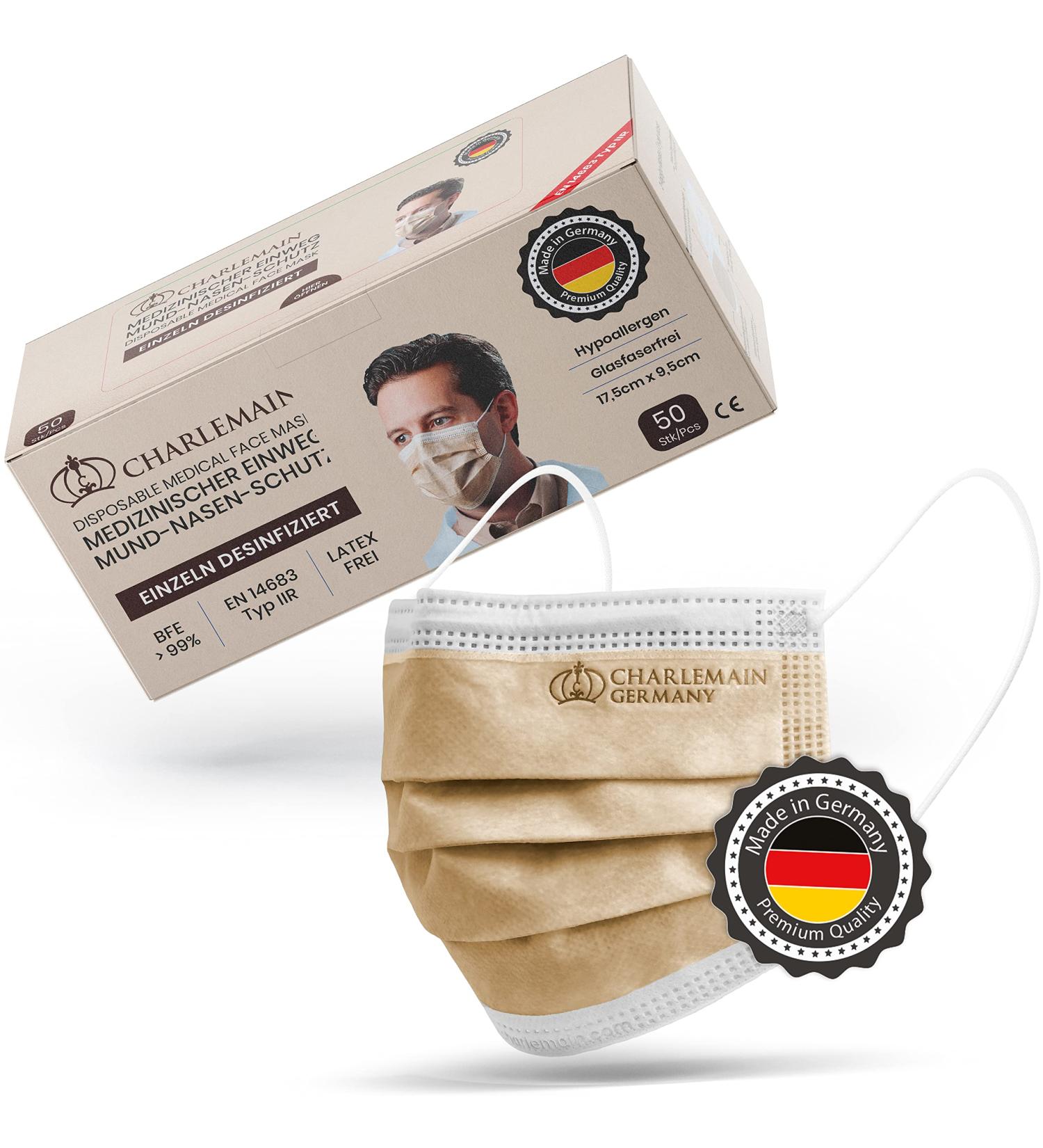 Buy Charlemain 50x Medical Masks - EN 14683 Type IIR BFE 99.9% Latex-Free 3-Layer Protection Made in Germany One-Way Face Masks (Beige) - 50 Pieces Pack - Buy Online on SooperMarket.com