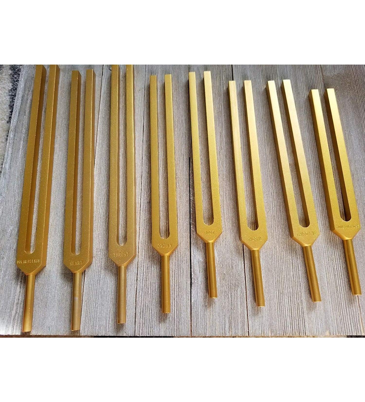 8 Gold Chakra Unweighted Tuning Fork Therapy Energy Healing with Mallet Velvet Pouch - Buy Online on SooperMarket.com
