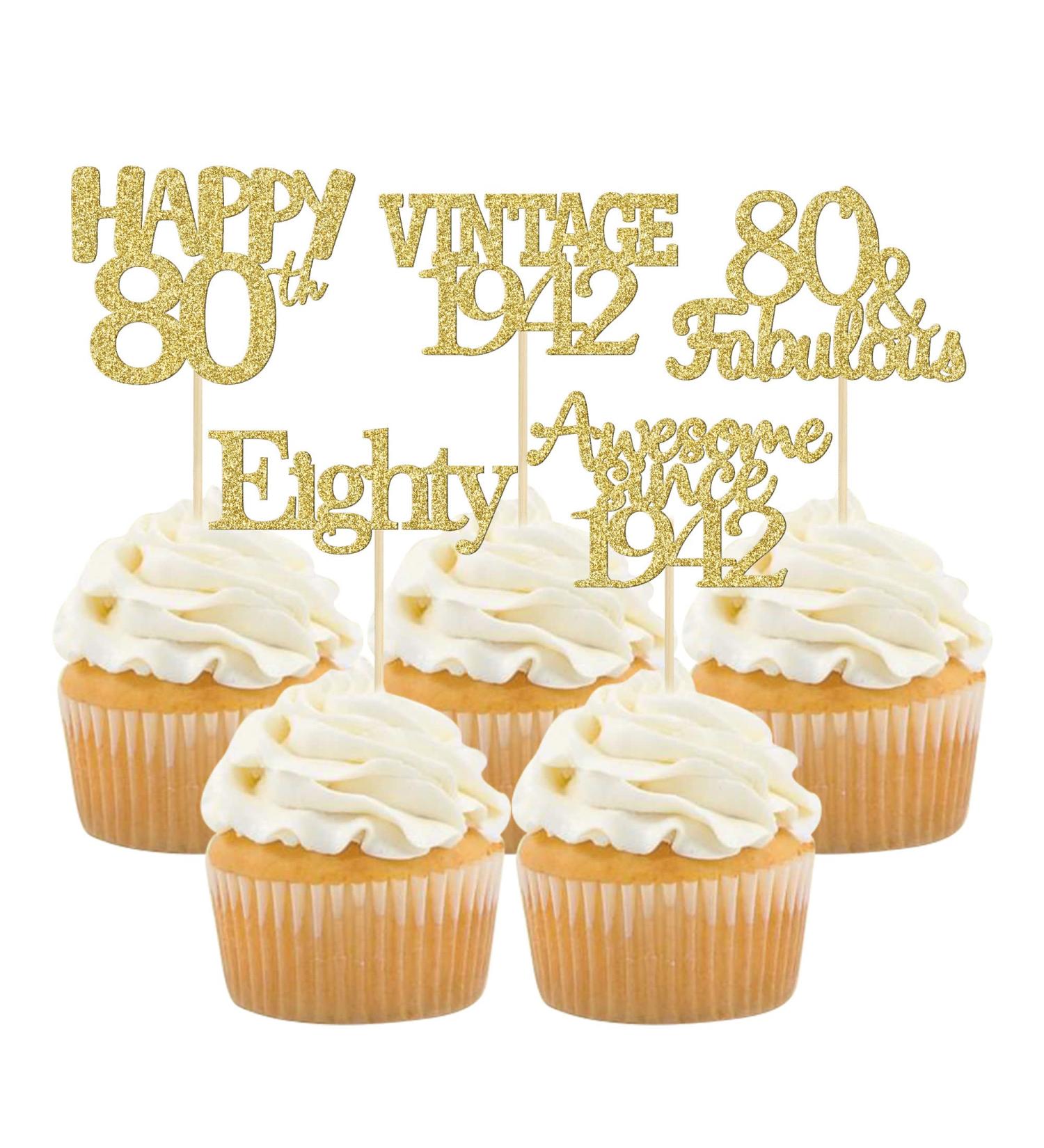 Gold Glitter 80th Birthday Cupcake Toppers - Vintage 1942 | Awesome Since 1942 | Hello 80 | Seventy & Fabulous Cake Decorations - Buy Online on SooperMarket.com