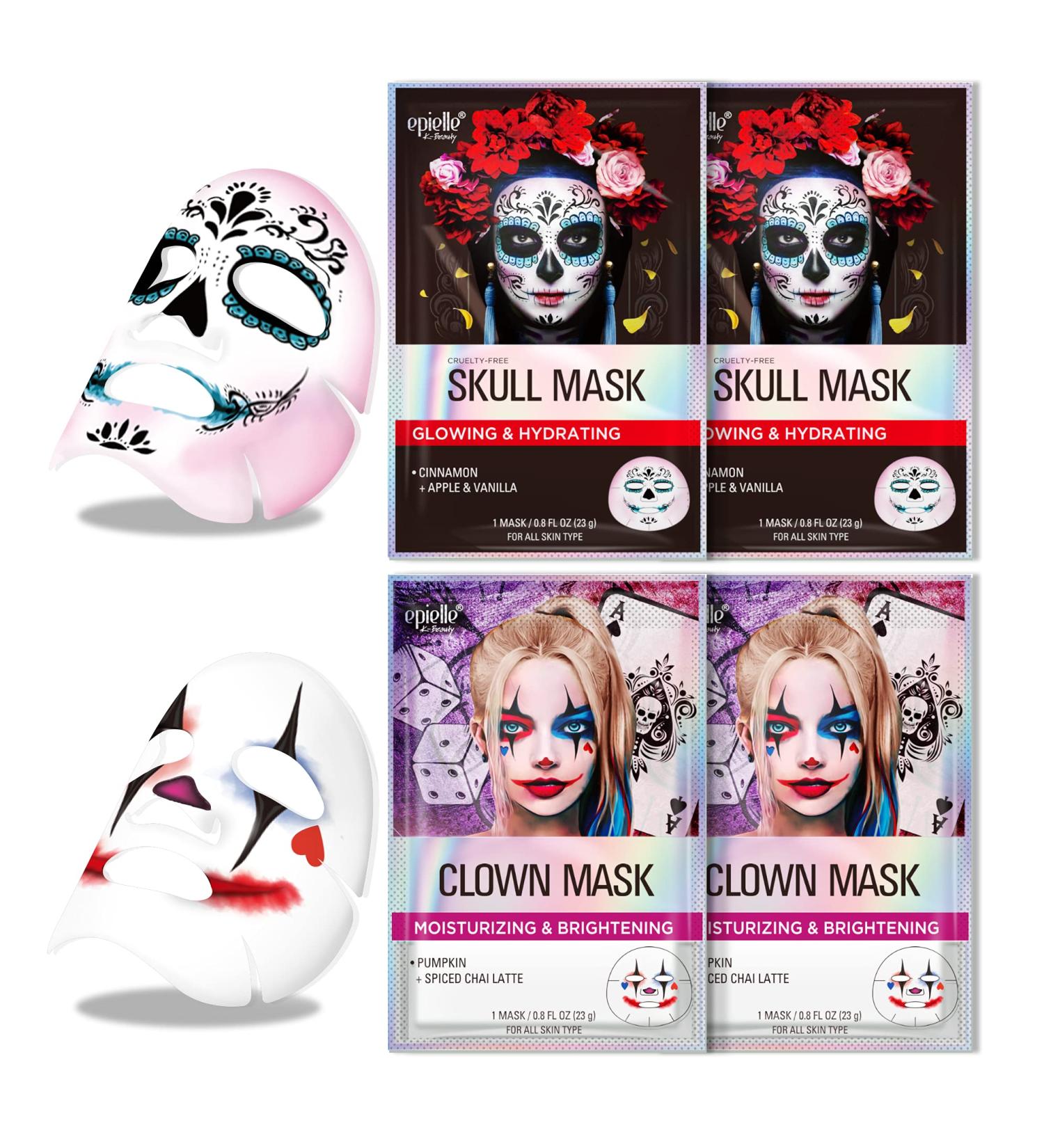 Epielle Halloween Character Sheet Masks - Clown & Skull Masks | Purifying Korean Beauty Facial Masks for All Skin Types (4-Pack - Buy Online on SooperMarket.com