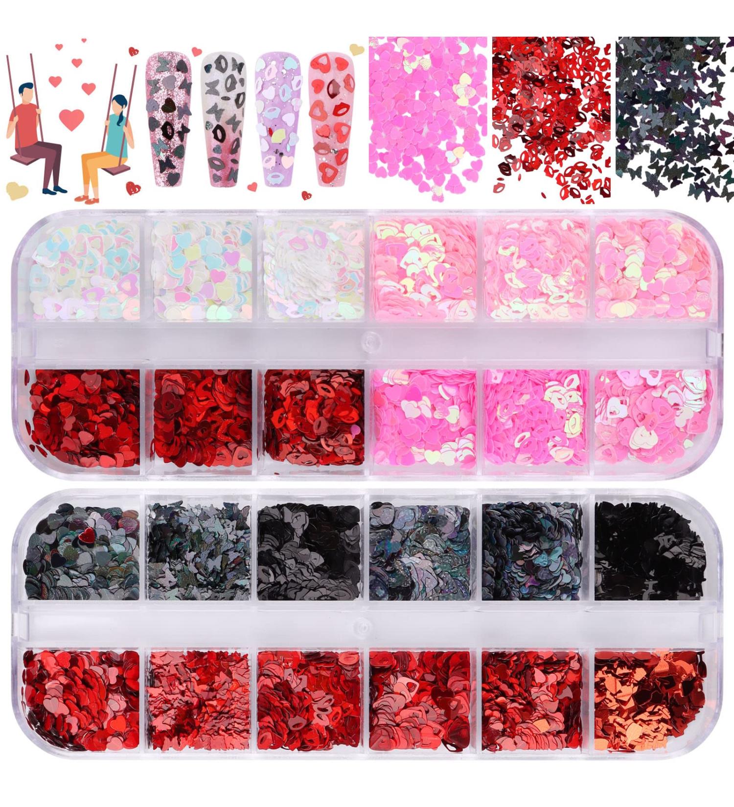 Kalolary Valentine's Day Nail Art Sequins | Heart & Lip-Shaped Holographic Flakes for Manicure & Body Decoration - 2 PCs - Buy Online on SooperMarket.com