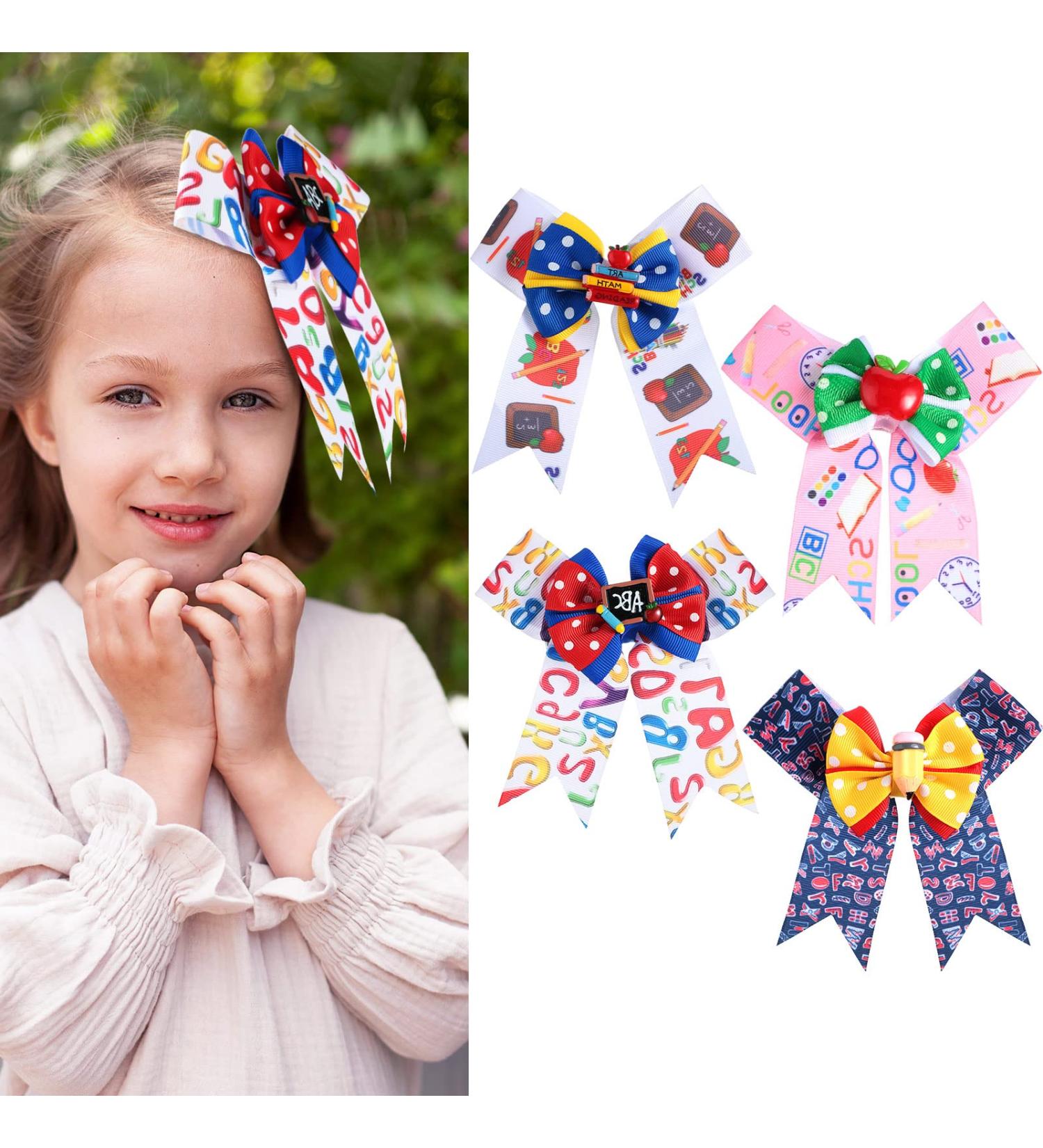 4 Pcs Alphabet Hair Bow Alligator Clips for Girls - Grosgrain Ribbon Hairbows | Kindergarten Back to School Hair Accessories - Buy Online on SooperMarket.com