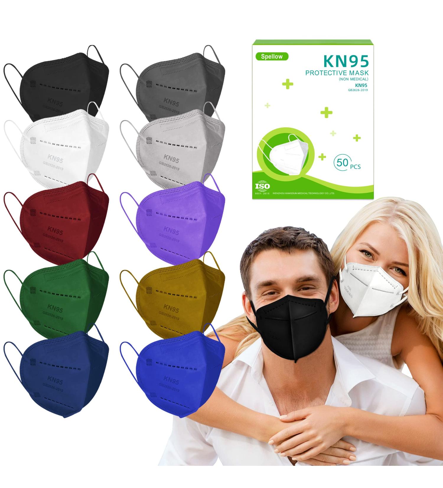 KN95 Face Masks 50 Pack - 10 Colors, Disposable 5-Layer Breathable Dust Mask for Men Women with Elastic Earloop & Nose Bridge Clip - 95% Filter Efficiency - Buy Online on SooperMarket.com