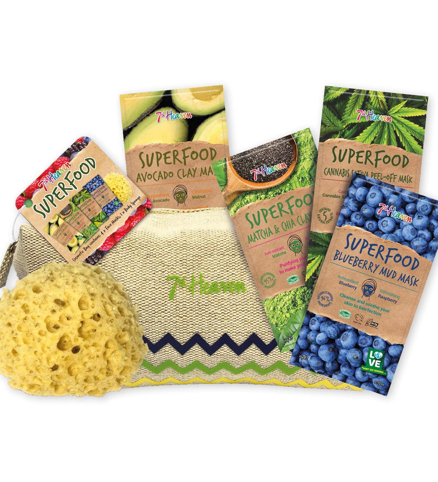 7th Heaven Superfood Skincare Gift Set Contains 4 Cleansing and Revitalising Face Masks Linen Cosmetic Bag and Body Sponge - Buy Online on SooperMarket.com