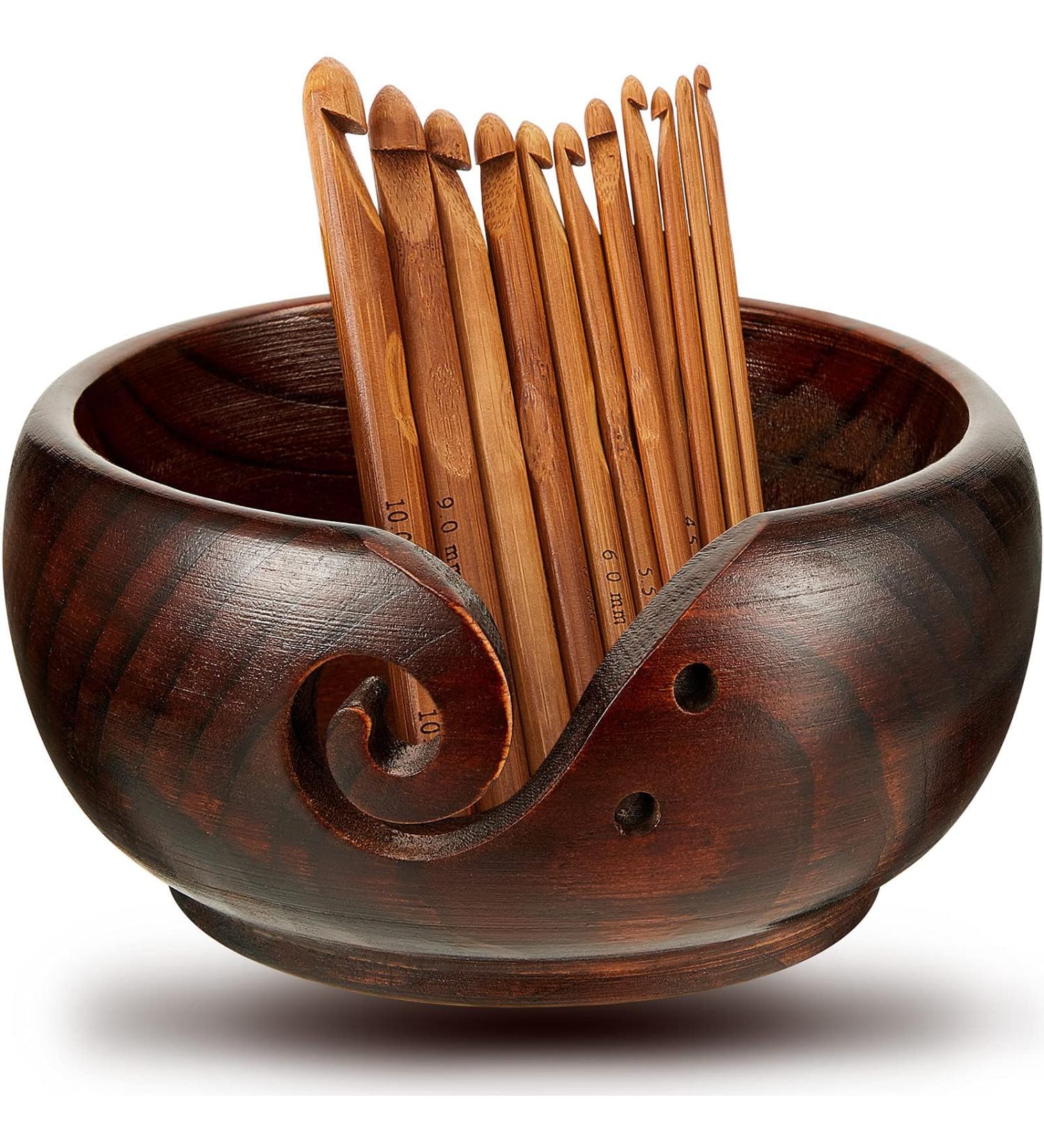 Handmade Wooden Yarn Bowl with 12 Crochet Hooks - Dark Brown 7x7x3 Inch - Crocheting & Knitting Storage and DIY Crafts Tools - Buy Online on SooperMarket.com