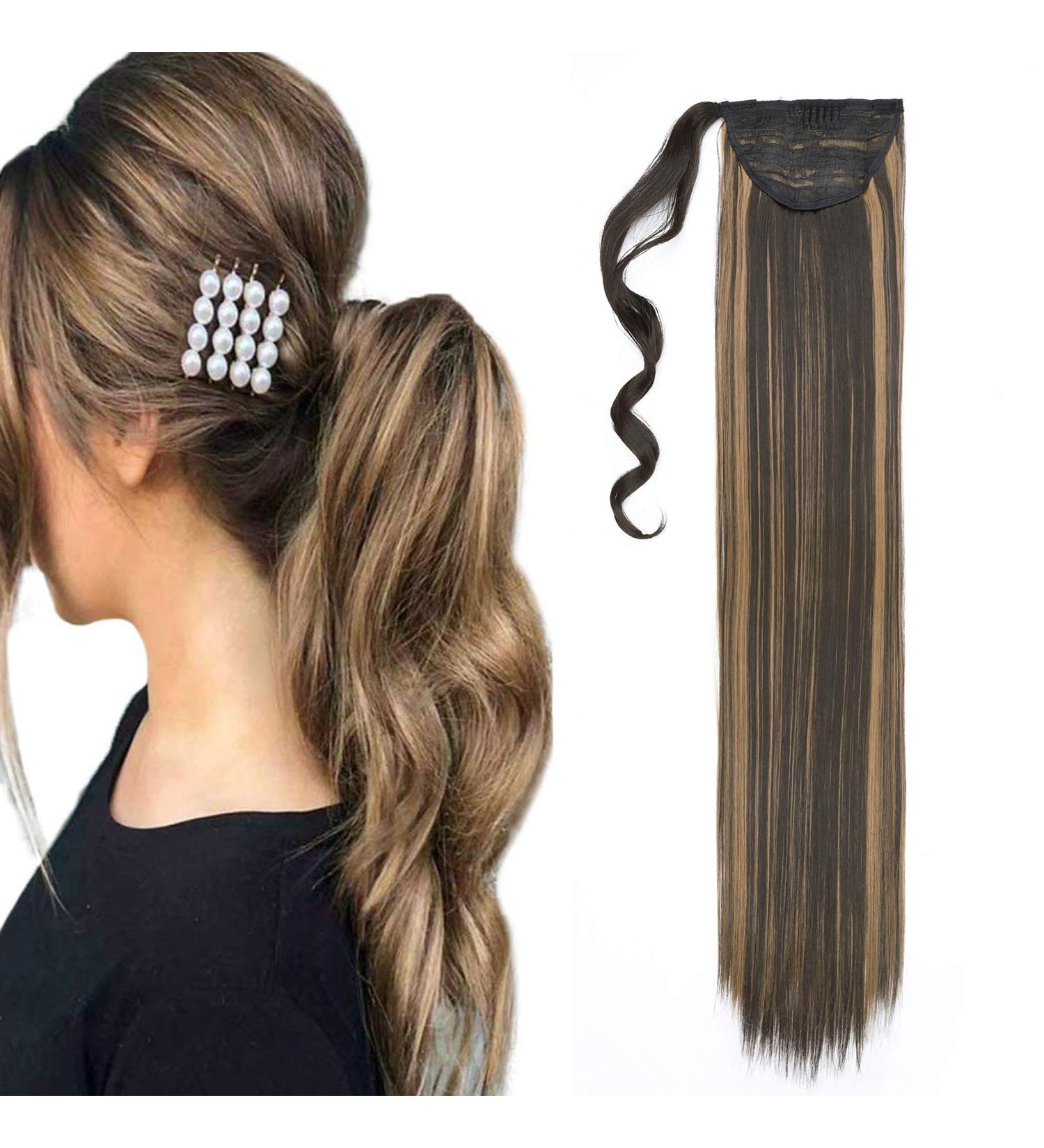 Clip in Ponytail Extension Wrap Around Long Straight Pony Tail Hair 32 Inch Synthetic Hairpiece - Dark Brown & Sandy Blonde - Buy Online on SooperMarket.com