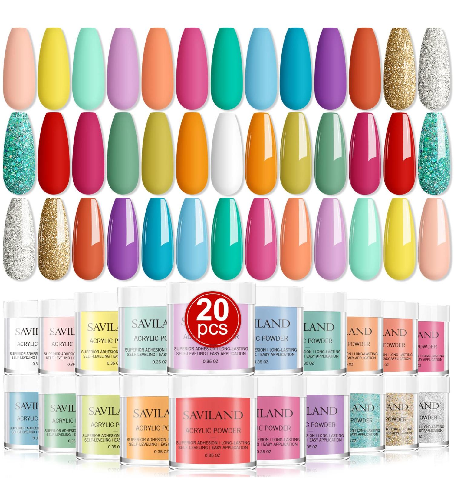 Saviland 20 Colors Acrylic Powder Set - Summer Series Nail Kit for Professional Acrylic Nails - Rainbow Polymer Powder for Extension and Carving - B-Chocolate and Rainbow - Buy Online on SooperMarket.com