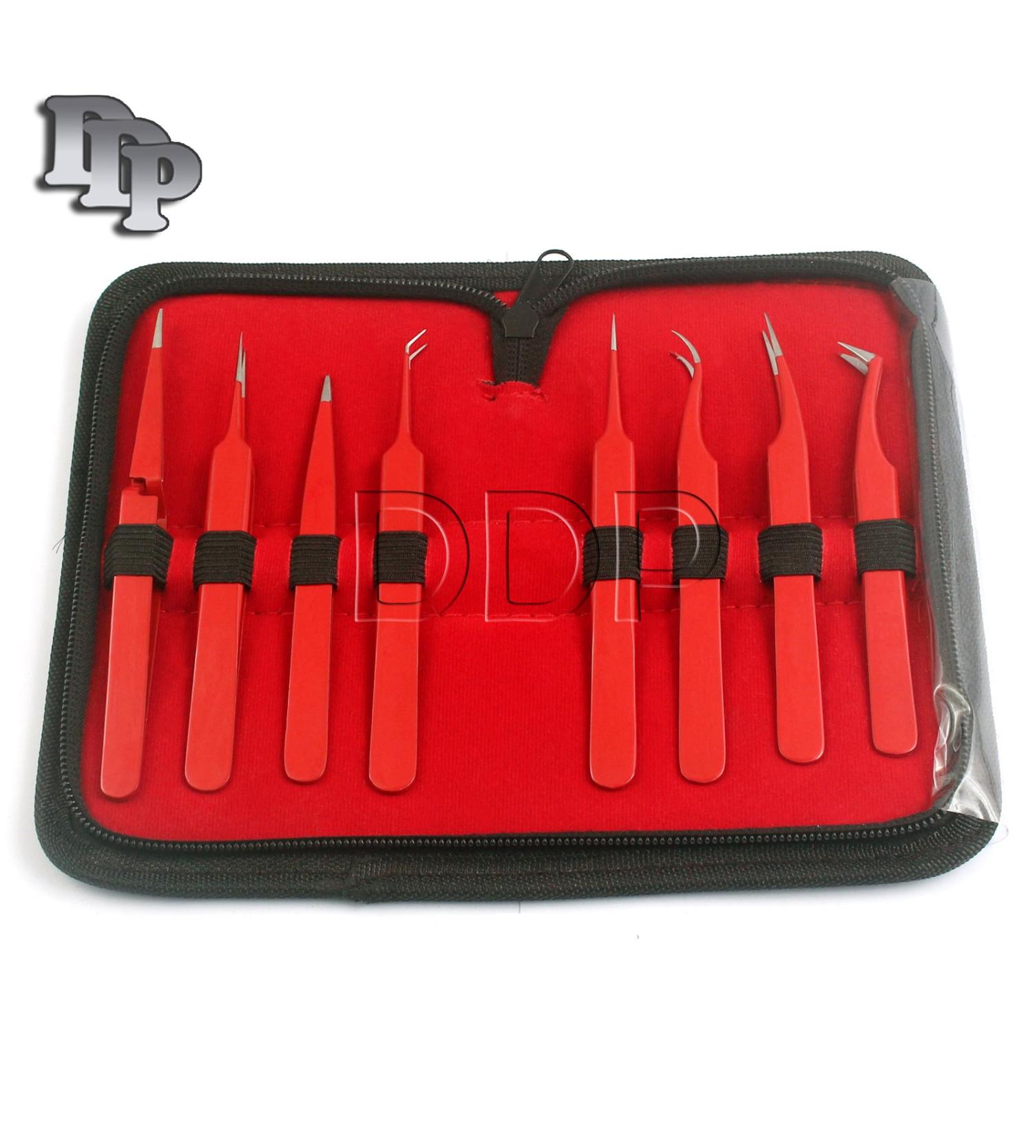 DDP SET OF 8 PIECE STAINLESS STEEL RED COLOR EYELASH EXTENSION TWEEZERS