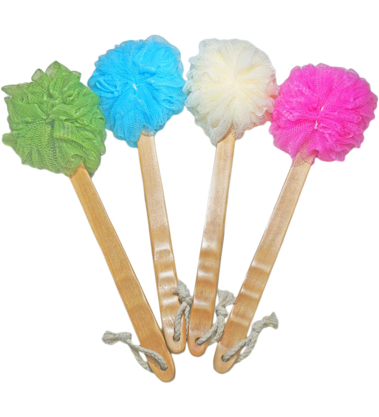 4 Pack Exfoliating Loofah Body & Back Scrubber Set - Long Wooden Handle Bath Brush for Men & Women - Buy Online on SooperMarket.com