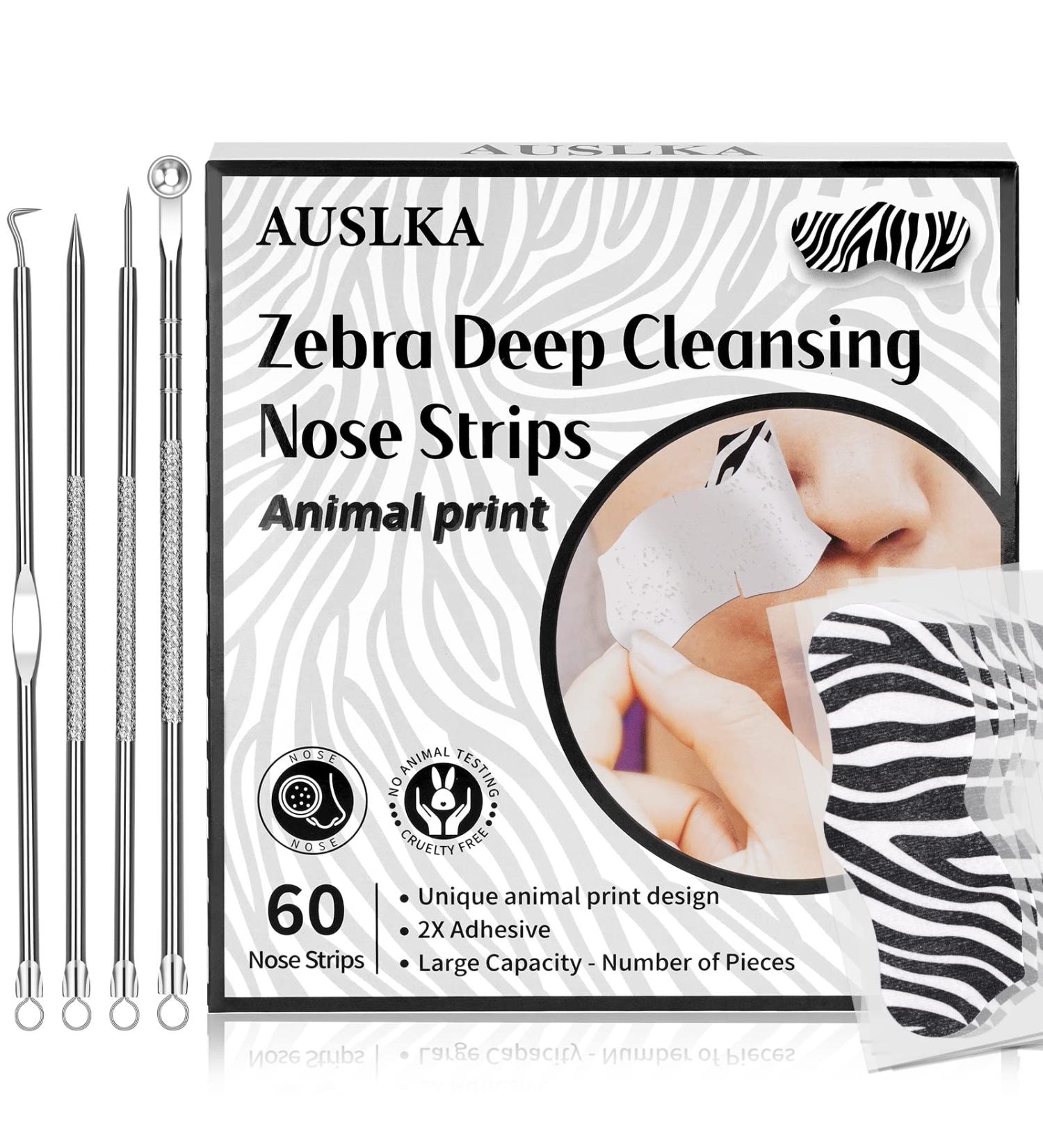 AUSLKA Zebra Blackhead Pore Strips (60 ct) + Remover Extractor Kit - Deep Cleansing Charcoal Strips for Acne Removal - Buy Online on SooperMarket.com