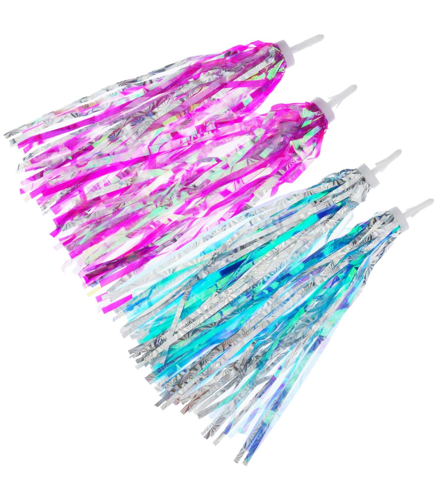 Kasteco 2 Pairs Bicycle Tassel Ribbons - Blue/Silver & Hot Pink/Silver | Bike Handlebar Streamers for Scooters - Buy Online on SooperMarket.com