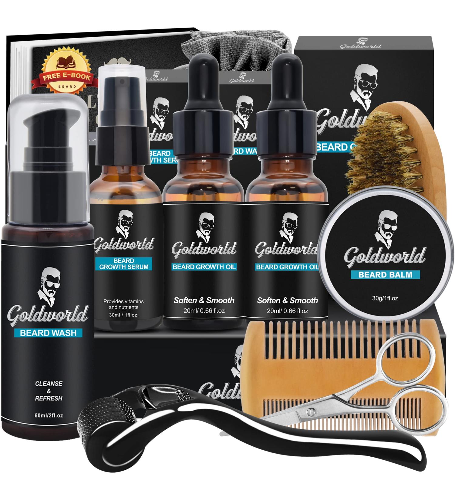 Men's Beard Growth Grooming Kit with Derma Roller - Ideal Birthday & Christmas Gift Set for Him with Beard Oil, Wash, Balm, Comb, and Brush - Buy Online on SooperMarket.com