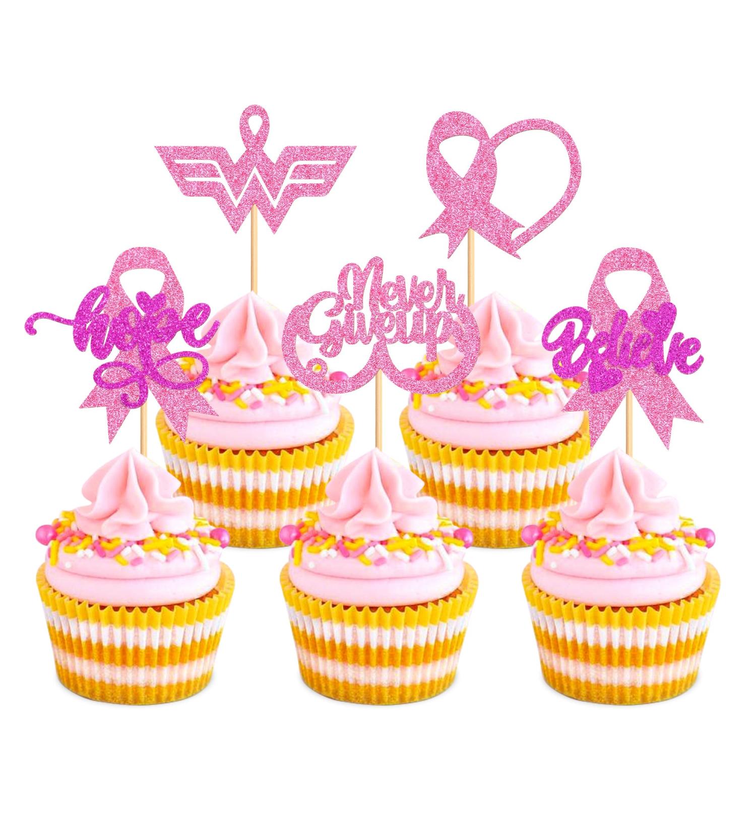 Cyodoos 30 PCS Breast Cancer Awareness Cupcake Toppers Glitter Pink Ribbon Never Give Up Beliveve Hope Cupcake Picks Pink Ribbon Party Cake Decorations Supplies - Buy Online on SooperMarket.com