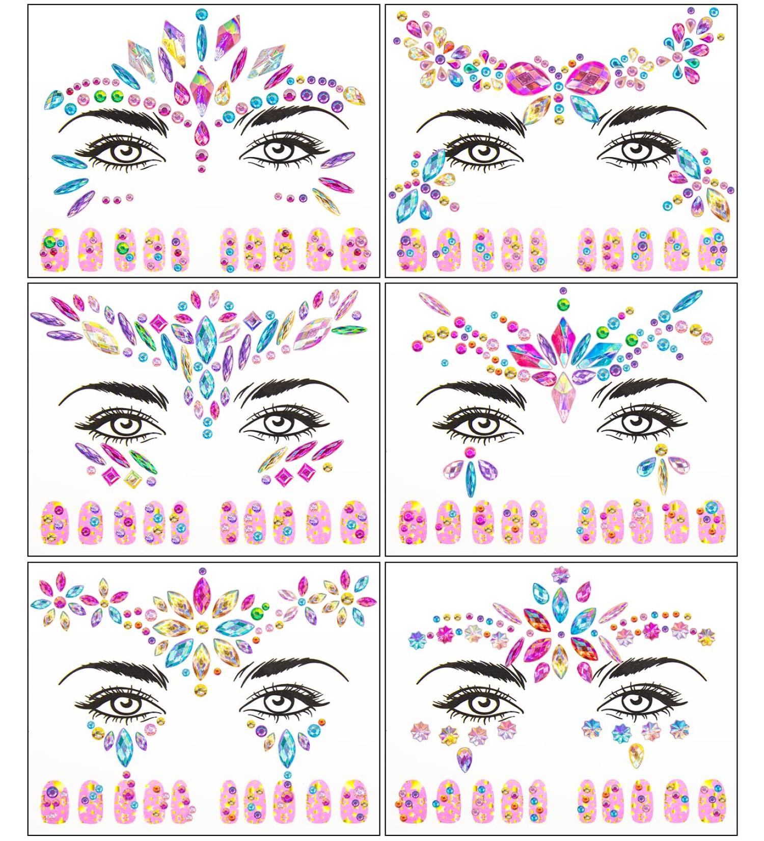 Self-Adhesive Rhinestone Face Jewels - 6 Sheets Multi-color Face Stickers for Women and Girls - DIY Makeup Gems and Nail Art Decorations - Buy Online on SooperMarket.com