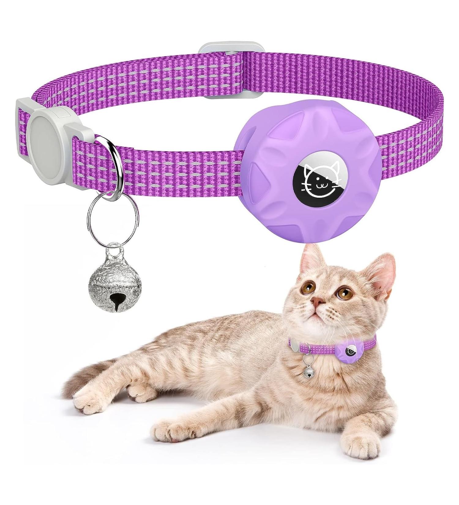 Shop Airtag Cat Neck Band | Reflective Kitten Collar with Holder & Bell | Light Tracker for Young Cats - Purple - Buy Online on SooperMarket.com