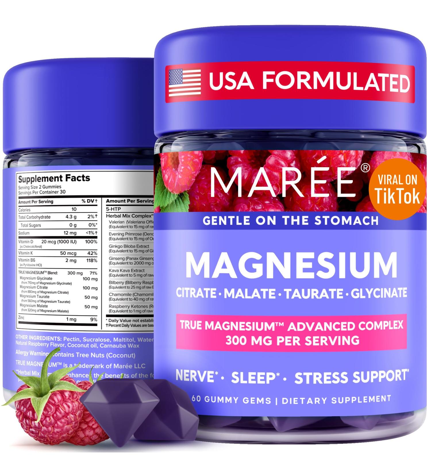 MAREE Magnesium Gummies for Calm & Relaxation | Vitamin D3 K2 B6 Complex | Immune Support | 60 Raspberry Gummy Gems - Buy Online on SooperMarket.com