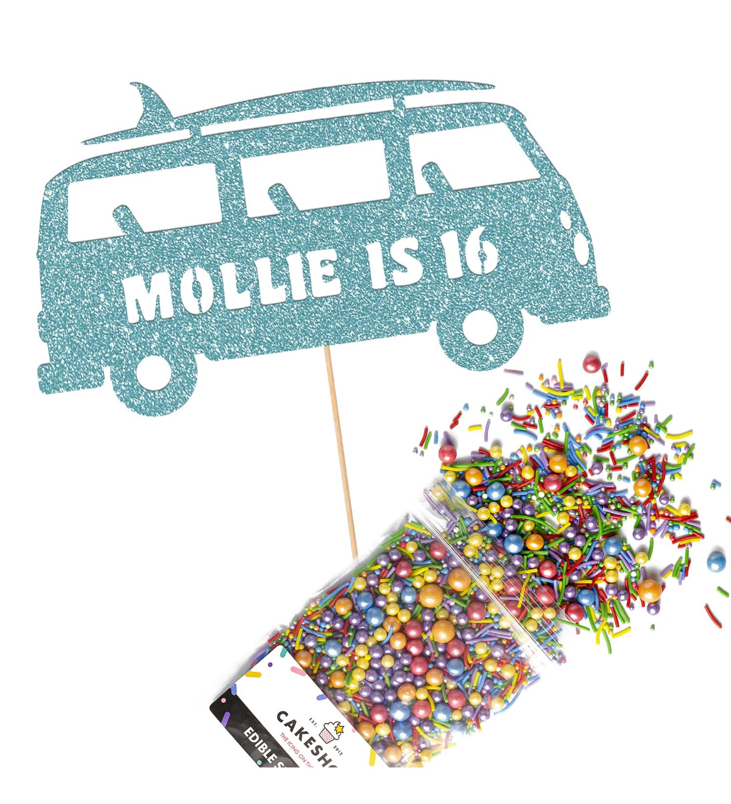 Cakeshop Cake Decoration Pack | Surfing Campervan Theme Premium Double Sided Glitter Card Cake Topper & 25g Party Pack of Cake Sugar Sprinkles | Custom Name & Age Cake Decoration (Baby Blue) Non-Prime Glitter Card: Baby Blue - Buy Online on SooperMarket.com