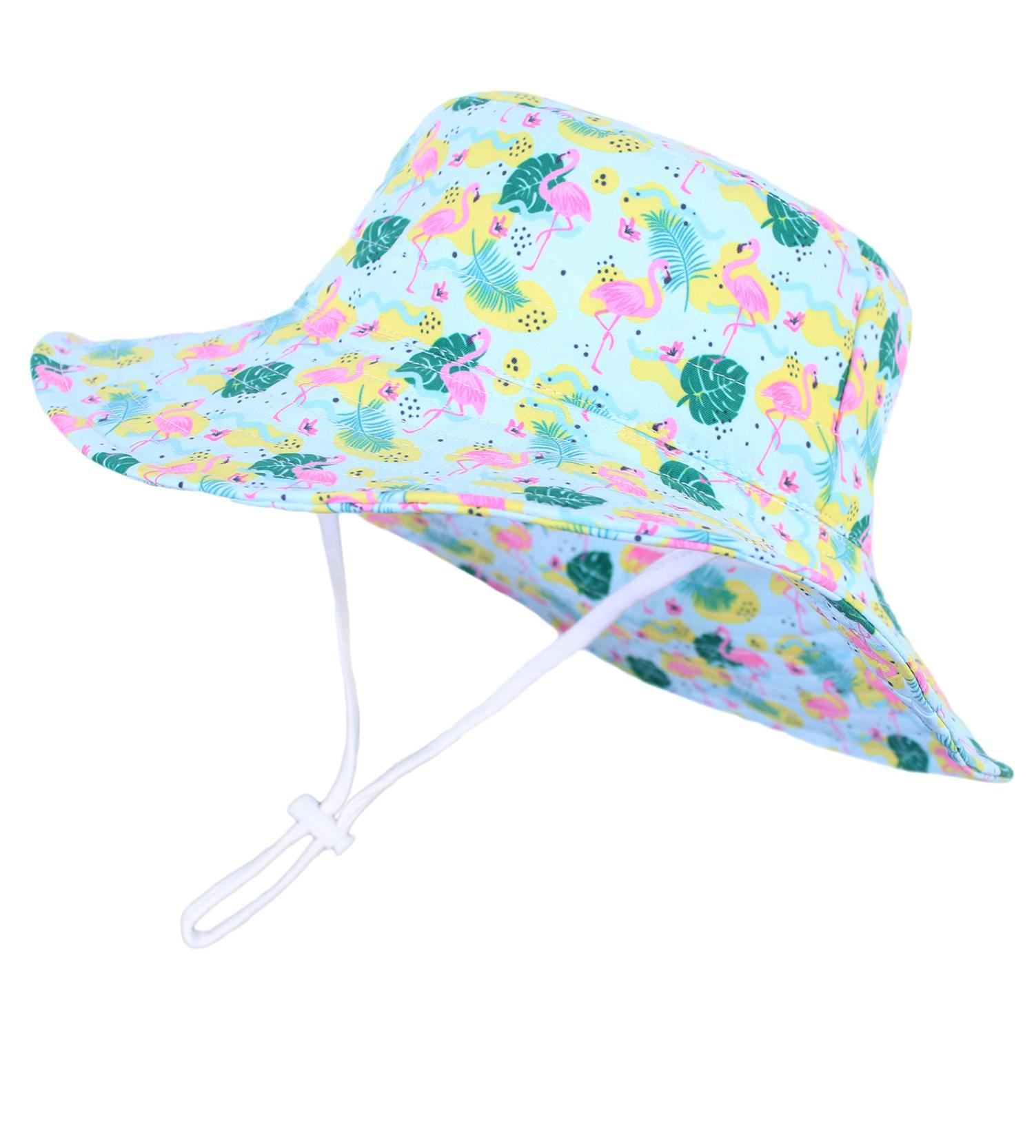 LANGZHEN Baby Girls Beach Sun Hat with Chin Strap | Toddler Kids Wide Brim Play Hat | Flamingo-Leaves Design | 1-2 Years - Buy Online on SooperMarket.com
