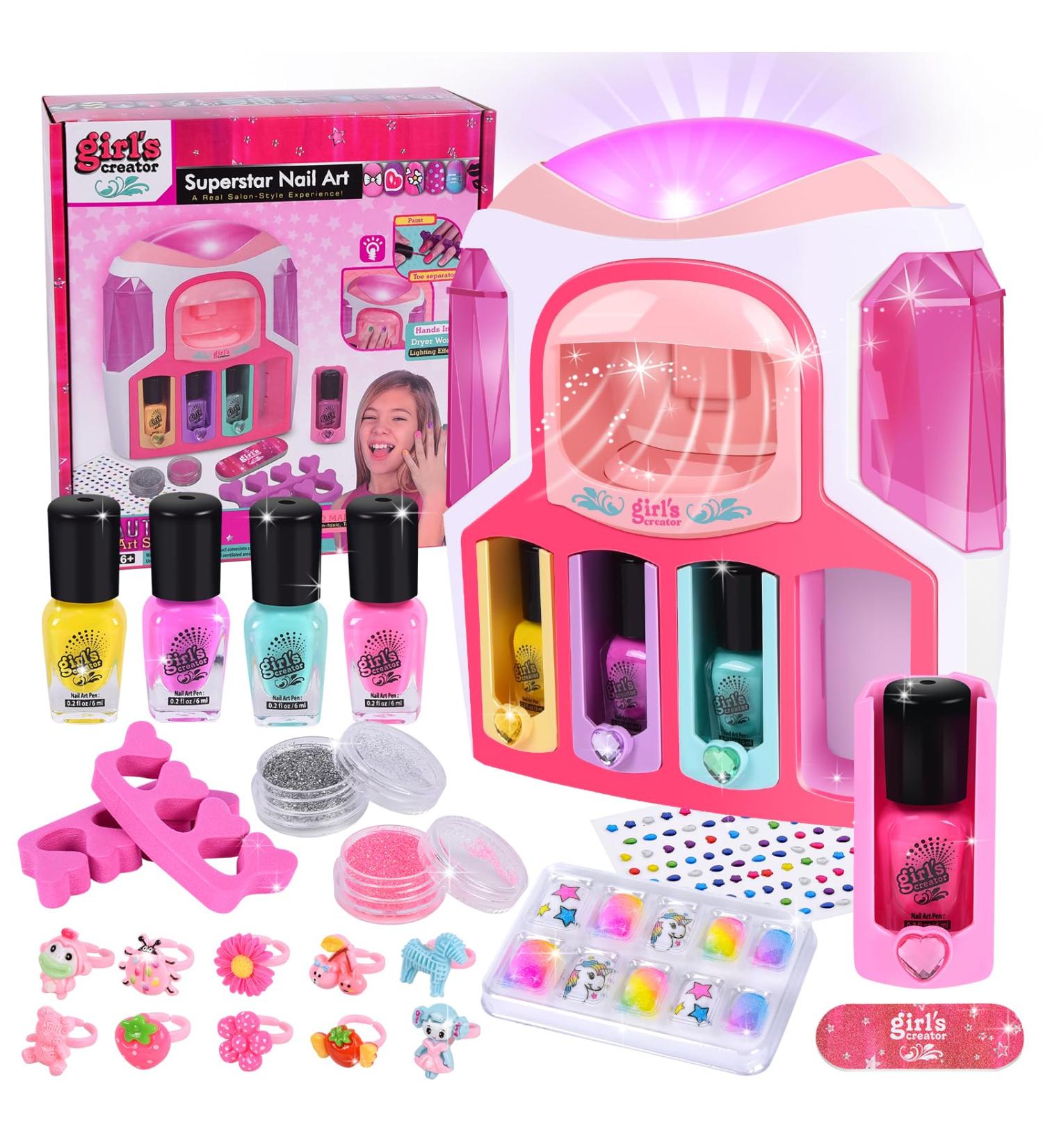 Herenear Kids Nail Polish Kit for Girls Kids Nail Polish Set with 2 In 1 Nail Dryer Set Nail Polish DIY Sticker Glitter Powder Rings Nail Art Kit Manicure Party Christmas Gift - Buy Online on SooperMarket.com