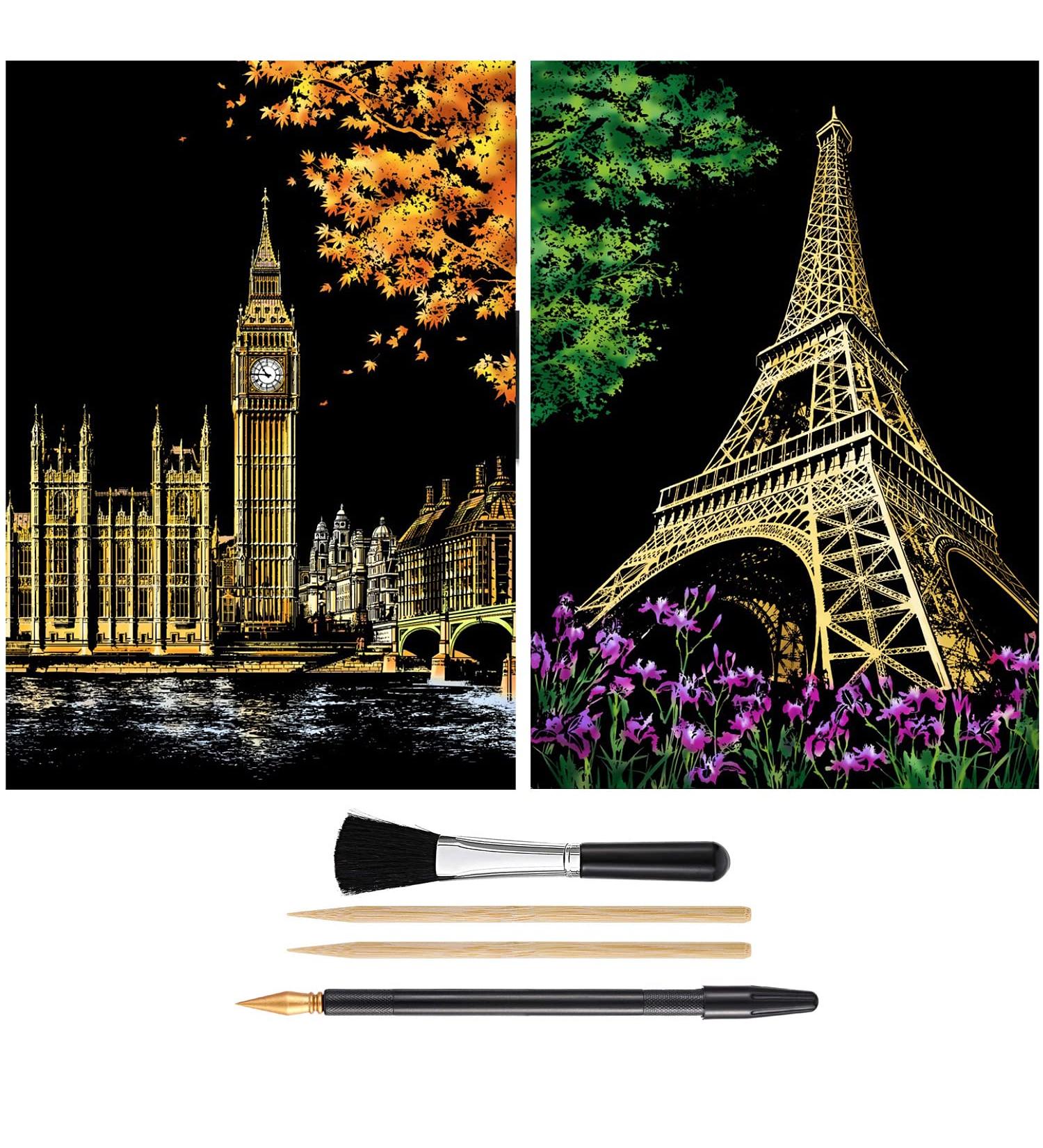 Rainbow Scratch Painting Kit for Adults & Teens - Eiffel Tower/Big Ben Theme - DIY Craft Art Set - Creative Gift - 16'' x 11.2'' - Includes 3 Tools - Buy Online on SooperMarket.com