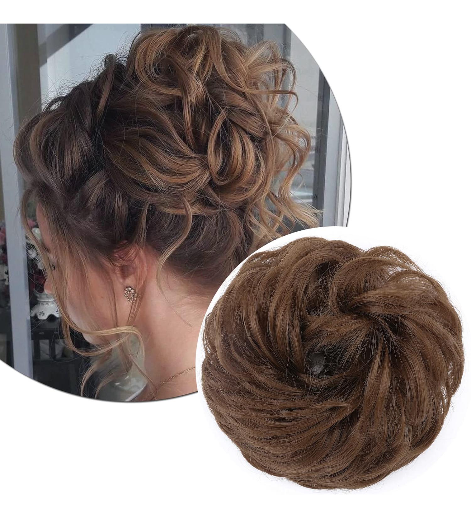 Thick Messy Curly Hair Bun Extension Scrunchie - Synthetic Updo Hairpiece for Women/Girls, Light Brown/Light Brown - 45g - Buy Online on SooperMarket.com